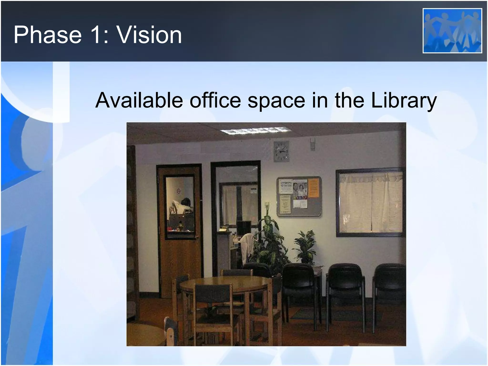 Phase 1: Vision Available office space in the Library 