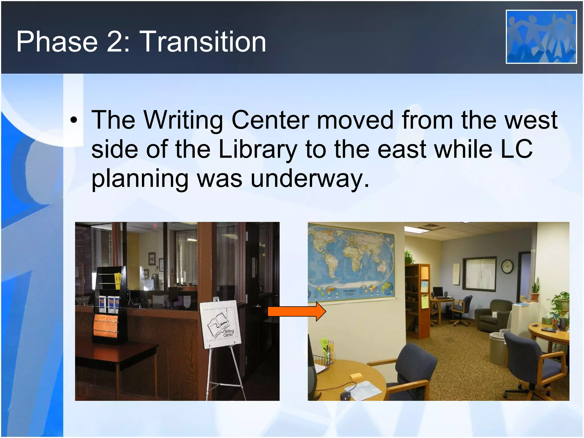 Phase 2: Transition The Writing Center moved from the west side of the Library to the east while LC planning was underway. 