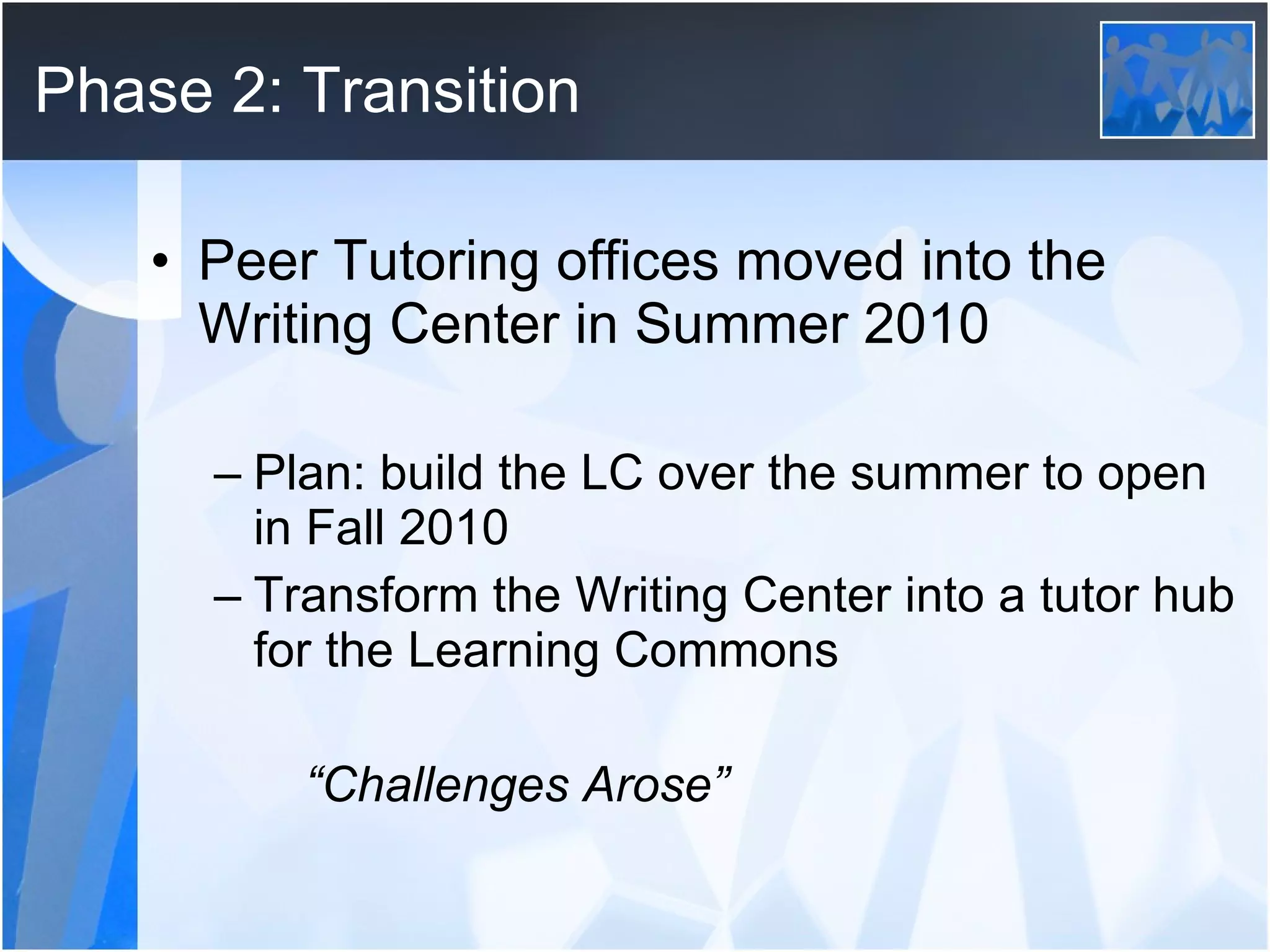 Phase 2: Transition Peer Tutoring offices moved into the Writing Center in Summer 2010 Plan: build the LC over the summer to open in Fall 2010 Transform the Writing Center into a tutor hub for the Learning Commons   “ Challenges Arose” 