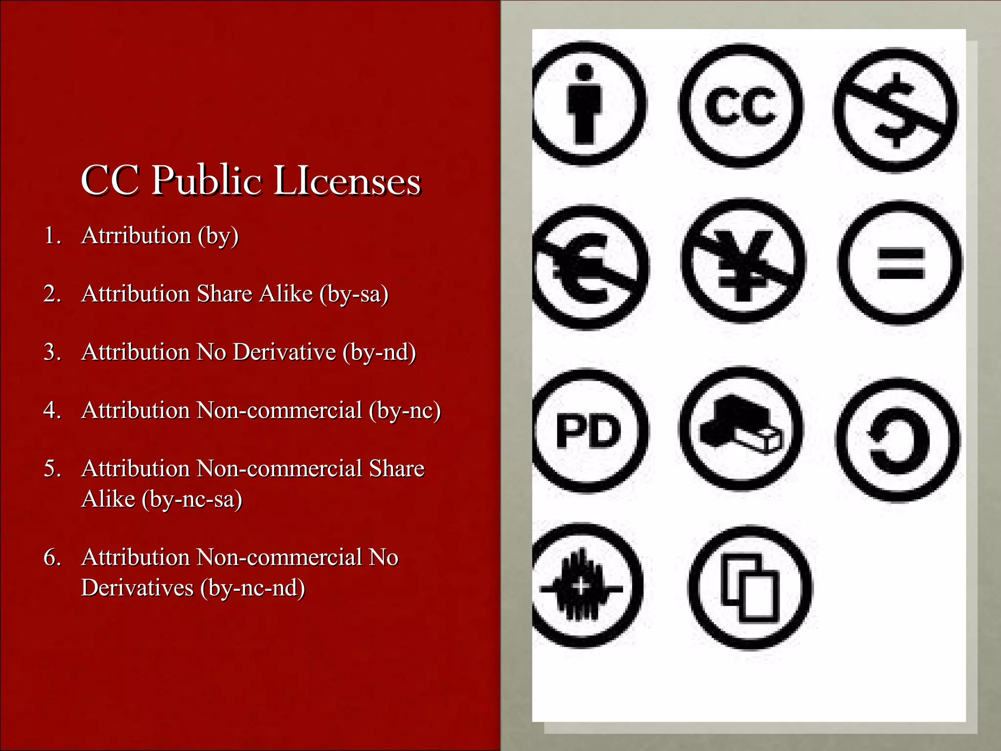 CC Public LIcenses Atrribution (by) Attribution Share Alike (by-sa) Attribution No Derivative (by-nd) Attribution Non-commercial (by-nc) Attribution Non-commercial Share Alike (by-nc-sa) Attribution Non-commercial No Derivatives (by-nc-nd)
