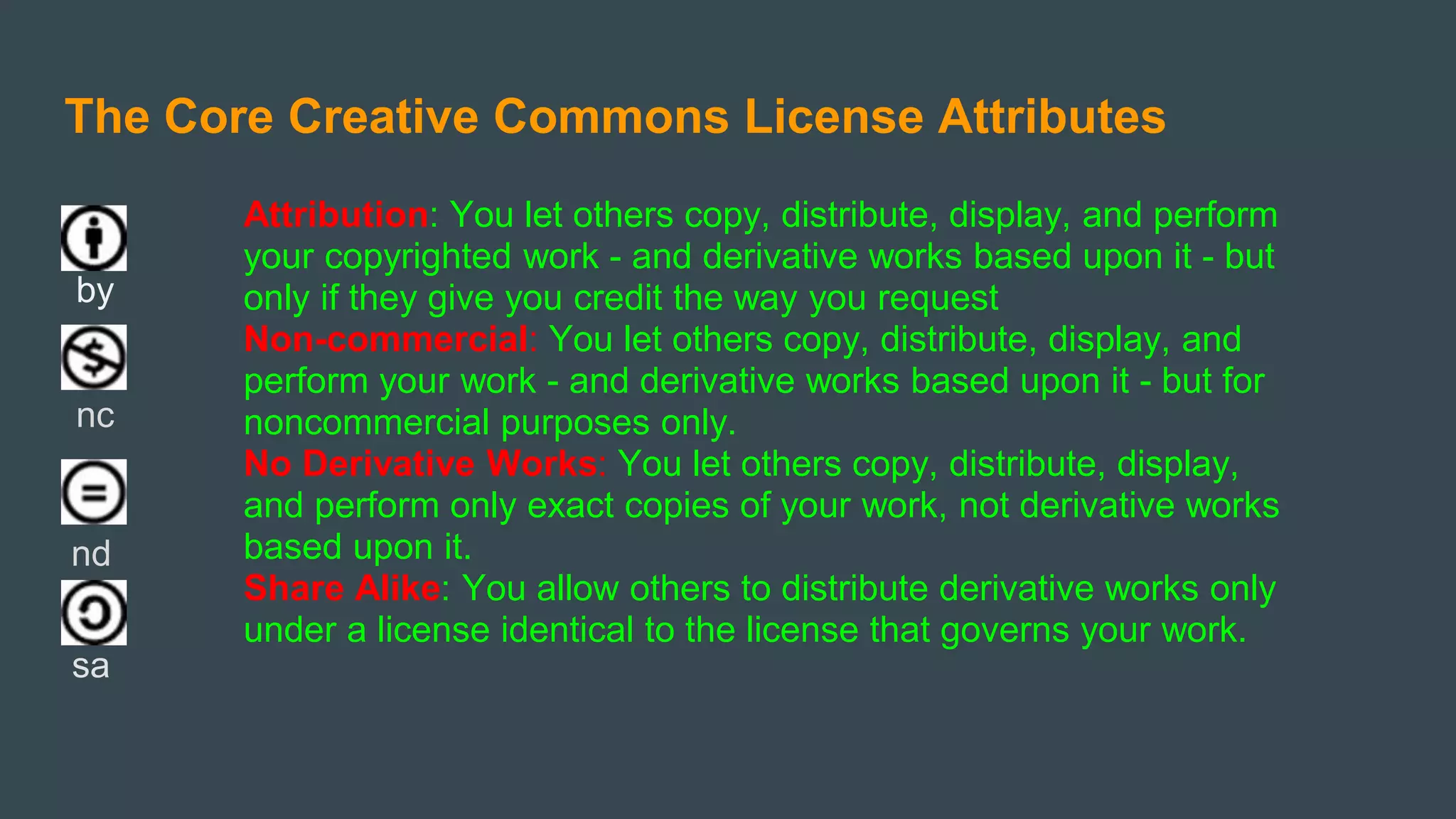 The Core Creative Commons License Attributes
Attribution: You let others copy, distribute, display, and perform
your copyrighted work - and derivative works based upon it - but
only if they give you credit the way you request
Non-commercial: You let others copy, distribute, display, and
perform your work - and derivative works based upon it - but for
noncommercial purposes only.
No Derivative Works: You let others copy, distribute, display,
and perform only exact copies of your work, not derivative works
based upon it.
Share Alike: You allow others to distribute derivative works only
under a license identical to the license that governs your work.
nc
by
nd
sa
 