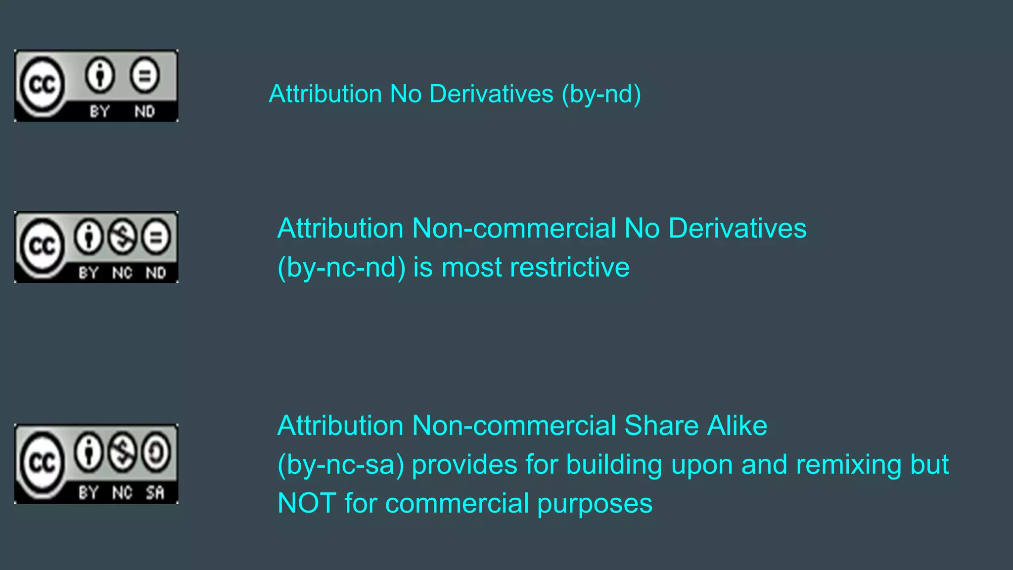Attribution No Derivatives (by-nd)
Attribution Non-commercial No Derivatives
(by-nc-nd) is most restrictive
Attribution Non-commercial Share Alike
(by-nc-sa) provides for building upon and remixing but
NOT for commercial purposes
 