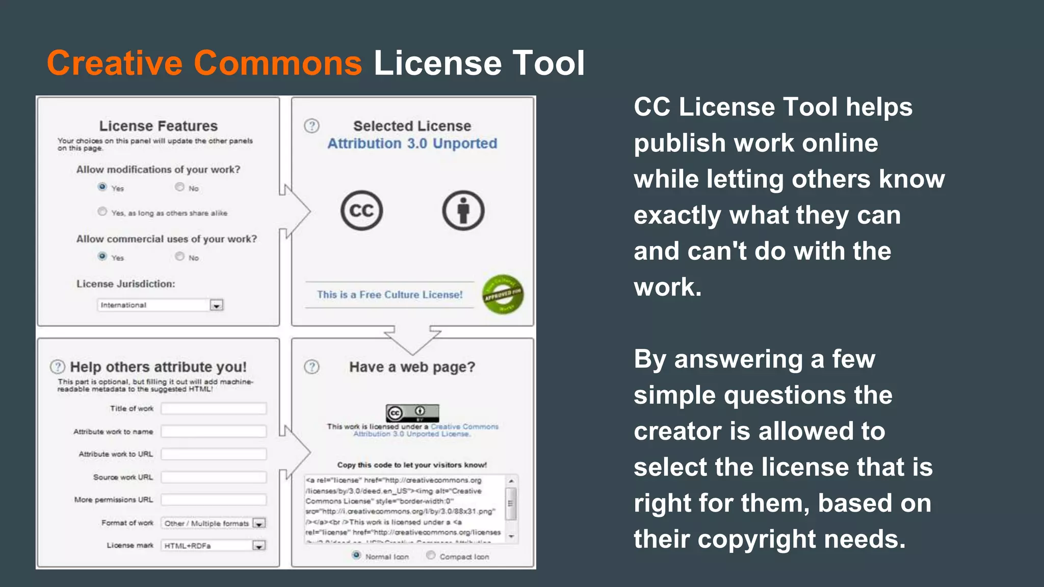 Creative Commons License Tool
CC License Tool helps
publish work online
while letting others know
exactly what they can
and can't do with the
work.
By answering a few
simple questions the
creator is allowed to
select the license that is
right for them, based on
their copyright needs.
 