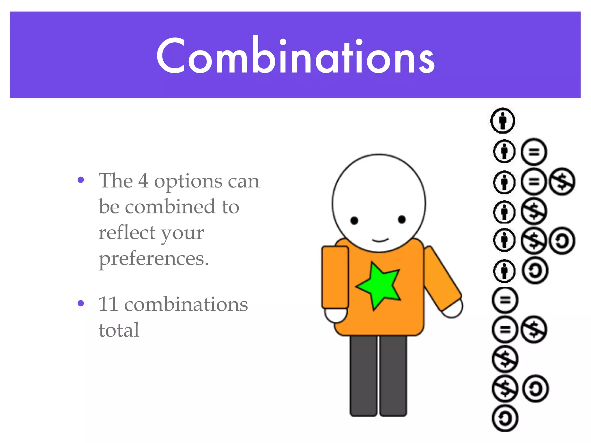 Combinations The 4 options can be combined to reflect your preferences. 11 combinations total 