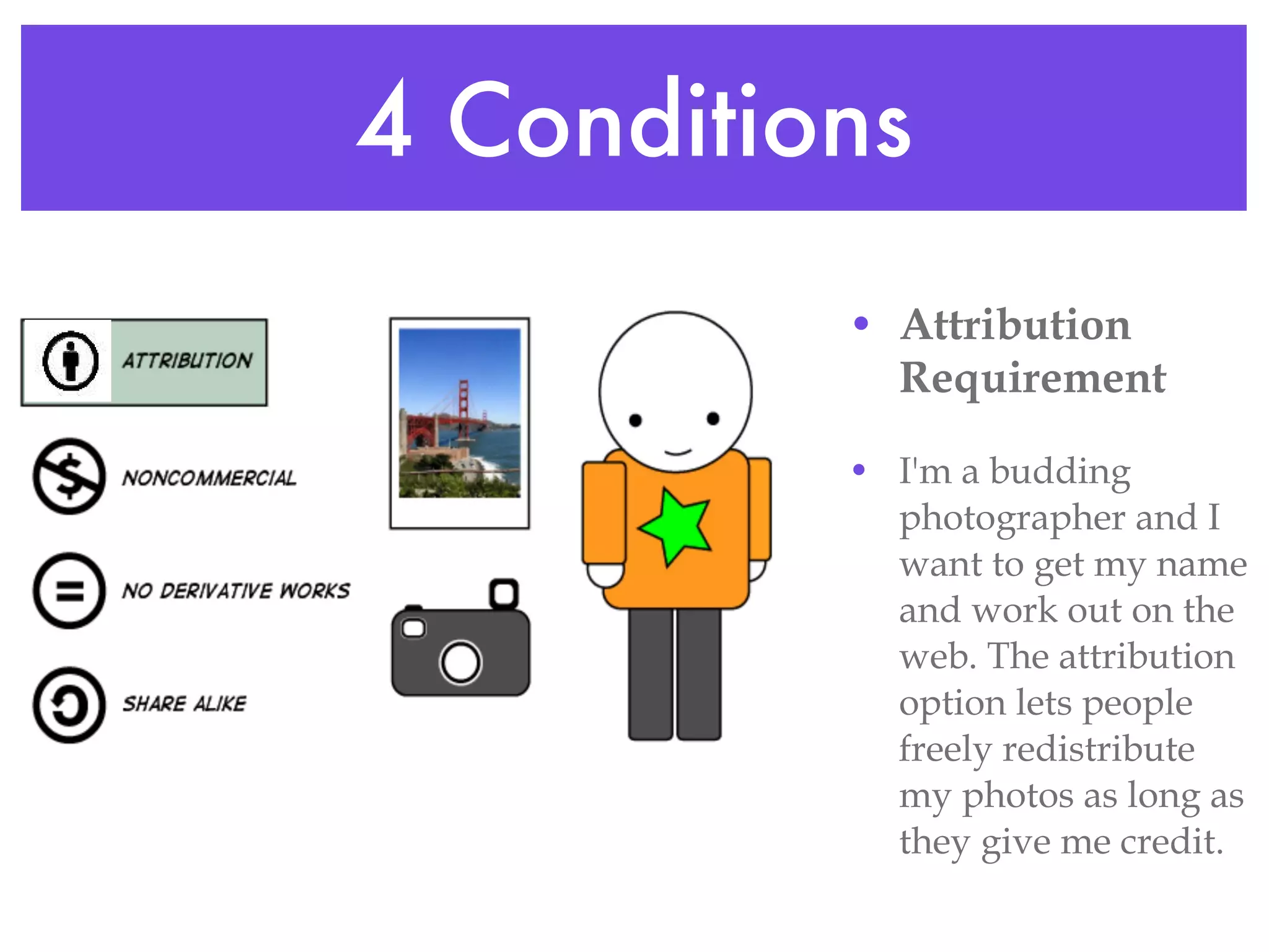 4 Conditions Attribution Requirement I'm a budding photographer and I want to get my name and work out on the web. The attribution option lets people freely redistribute my photos as long as they give me credit. 