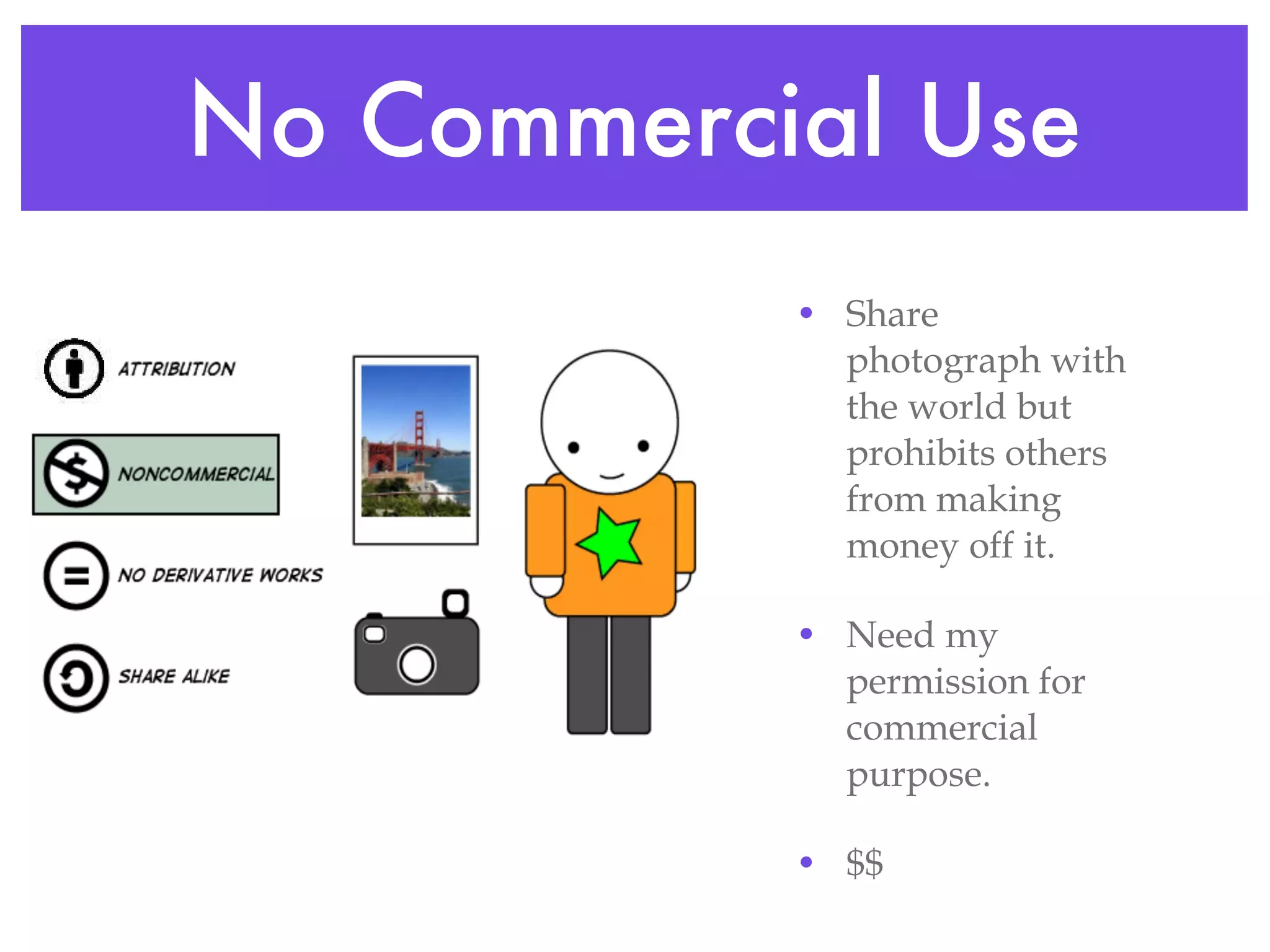 No Commercial Use Share photograph with the world but prohibits others from making money off it. Need my permission for commercial purpose. $$ 