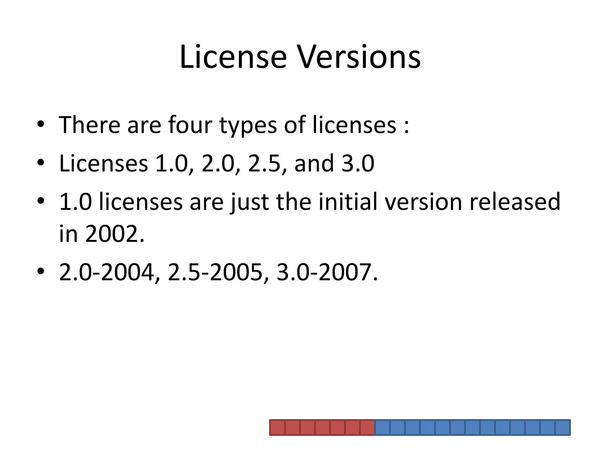License VersionsThere are four types of licenses :Licenses 1.0, 2.0, 2.5, and 3.0 1.0 licenses are just the initial version released in 2002.  2.0-2004, 2.5-2005, 3.0-2007.