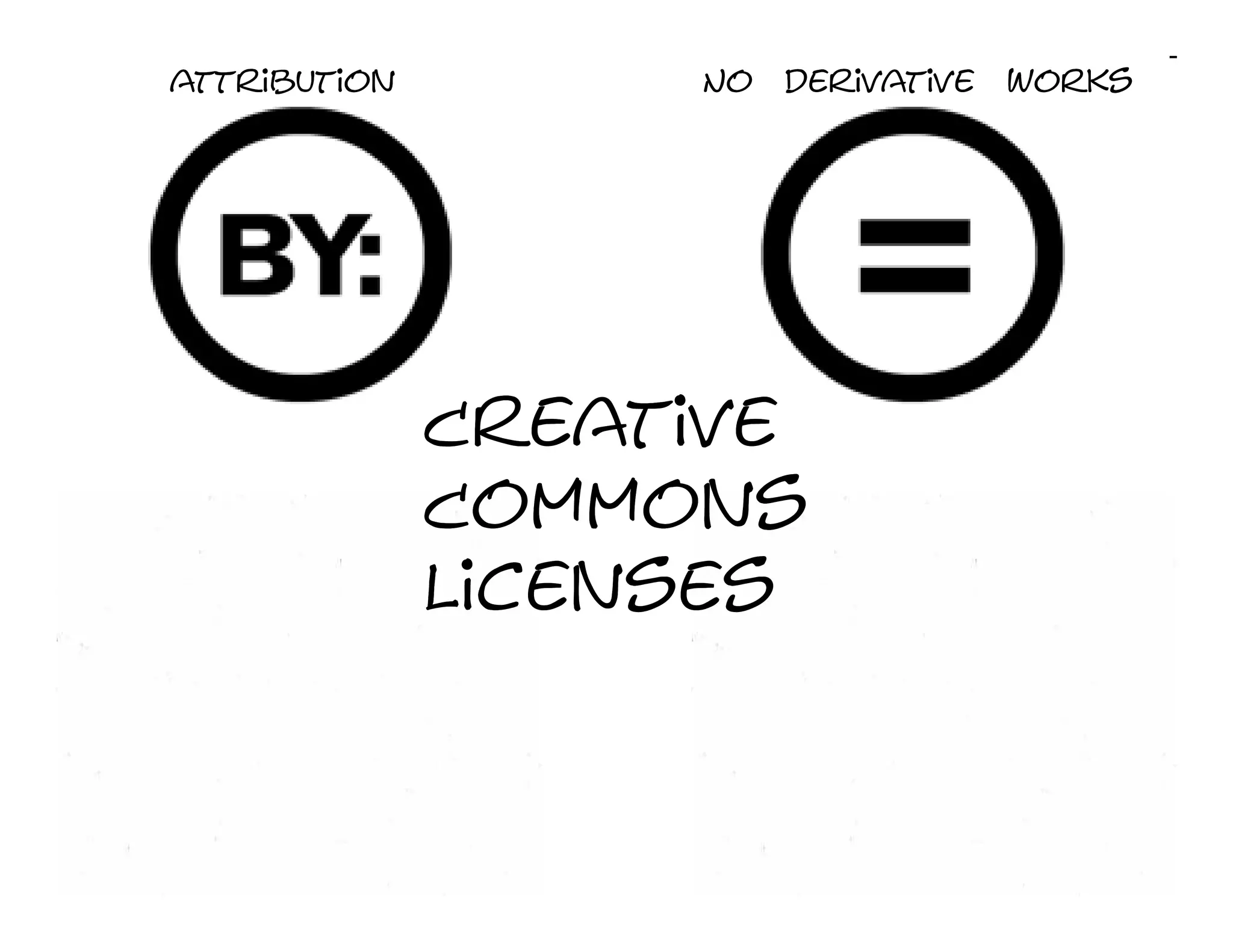 attribution        No   derivative   works




            Creative
Share alike Commons Non-commercial
            Licenses
 