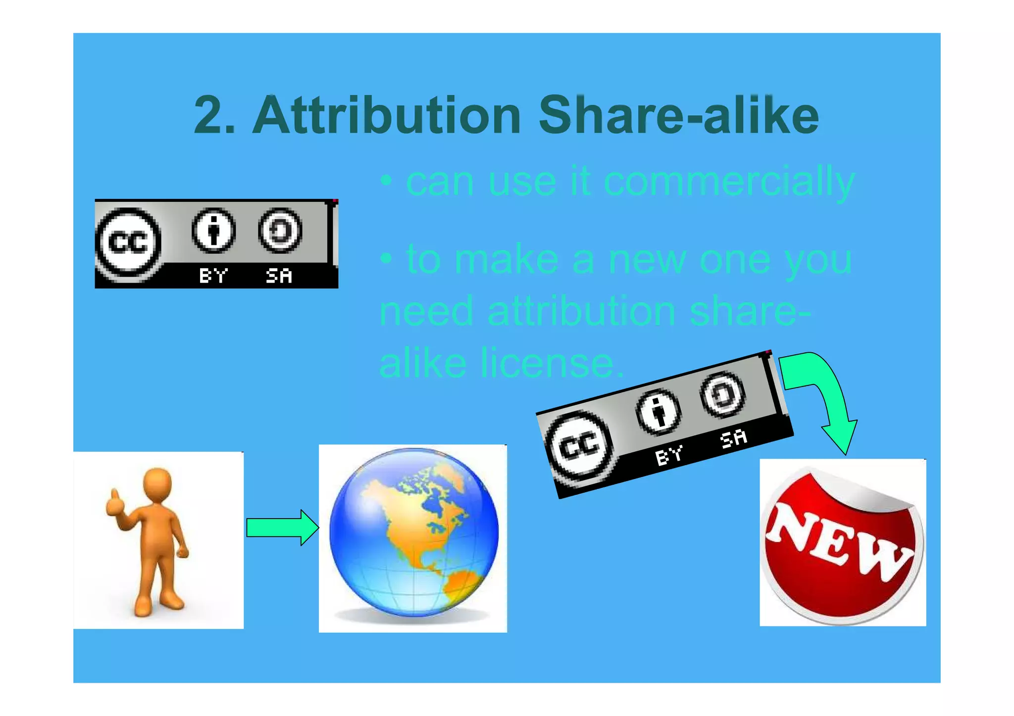 2. Attribution Share-alike
       • can use it commercially
       • to make a new one you
       need attribution share-
       alike license.
 