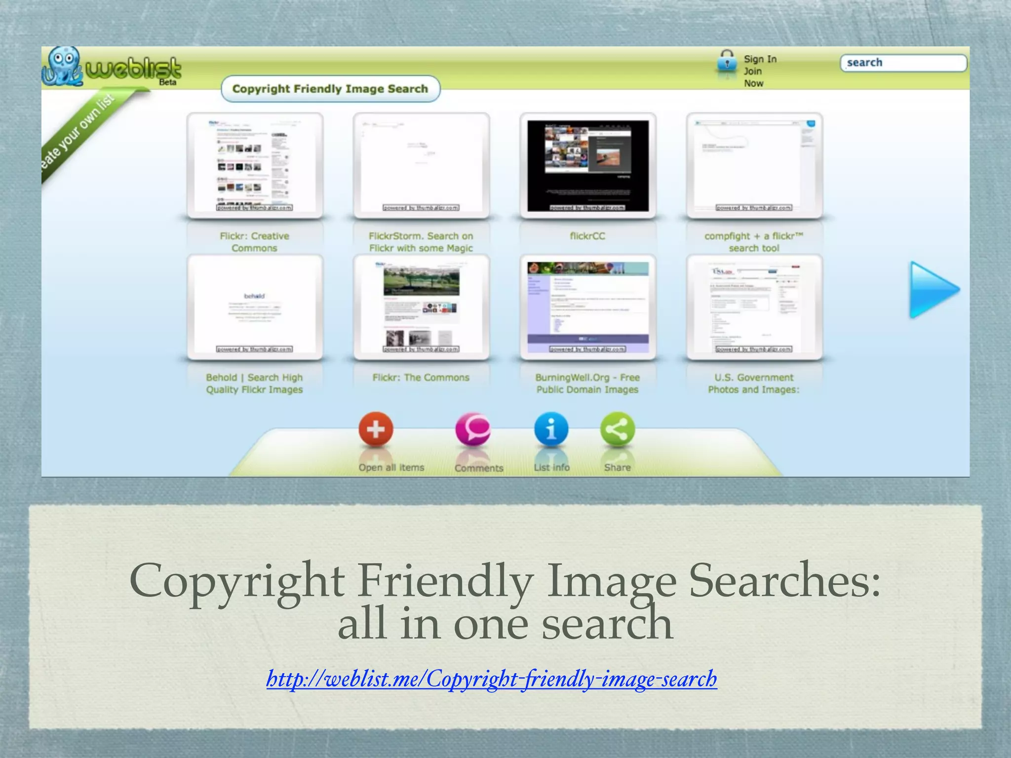 Copyright Friendly Image Searches:
        all in one search
      http://weblist.me/Copyright-"iendly-image-search
 