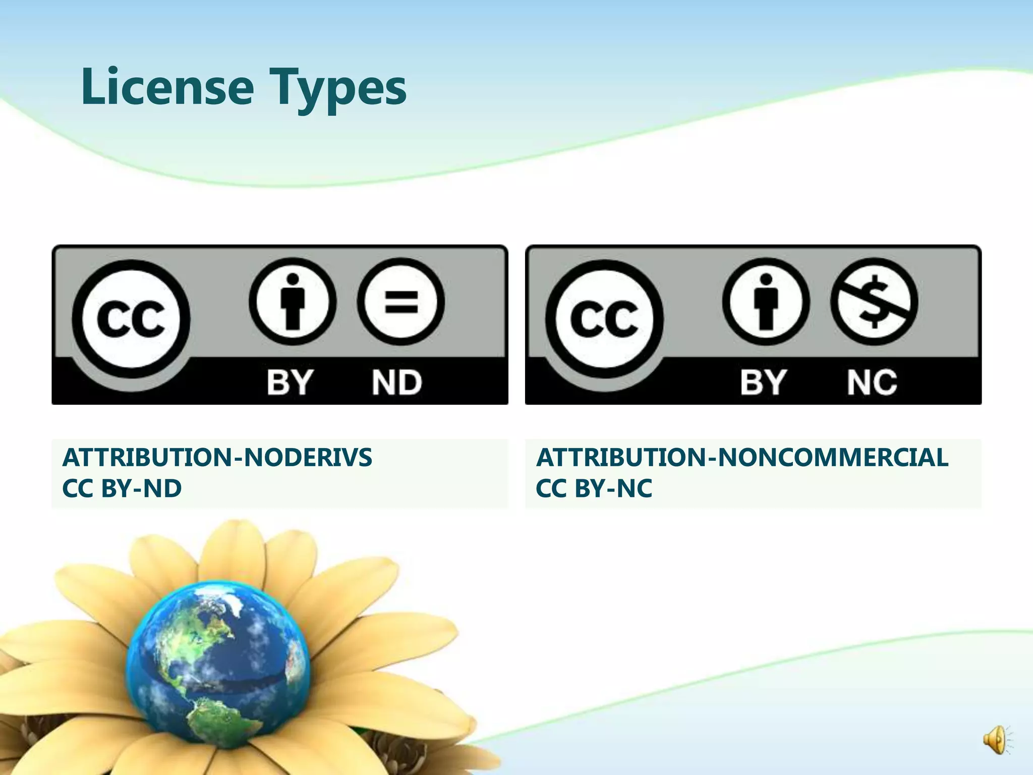License Types




ATTRIBUTION-NODERIVS   ATTRIBUTION-NONCOMMERCIAL
CC BY-ND               CC BY-NC
 