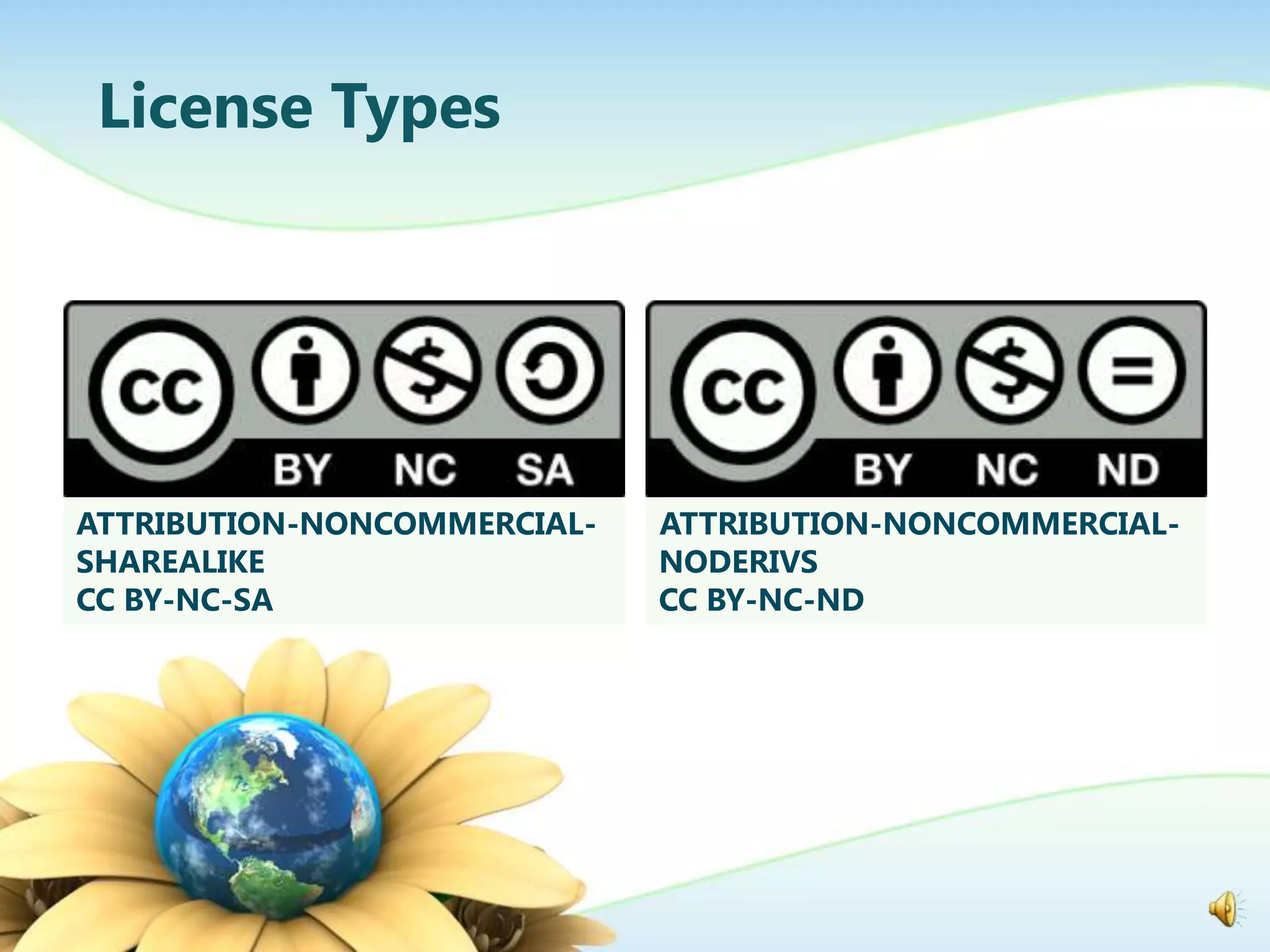 License Types




ATTRIBUTION-NONCOMMERCIAL-   ATTRIBUTION-NONCOMMERCIAL-
SHAREALIKE                   NODERIVS
CC BY-NC-SA                  CC BY-NC-ND
 
