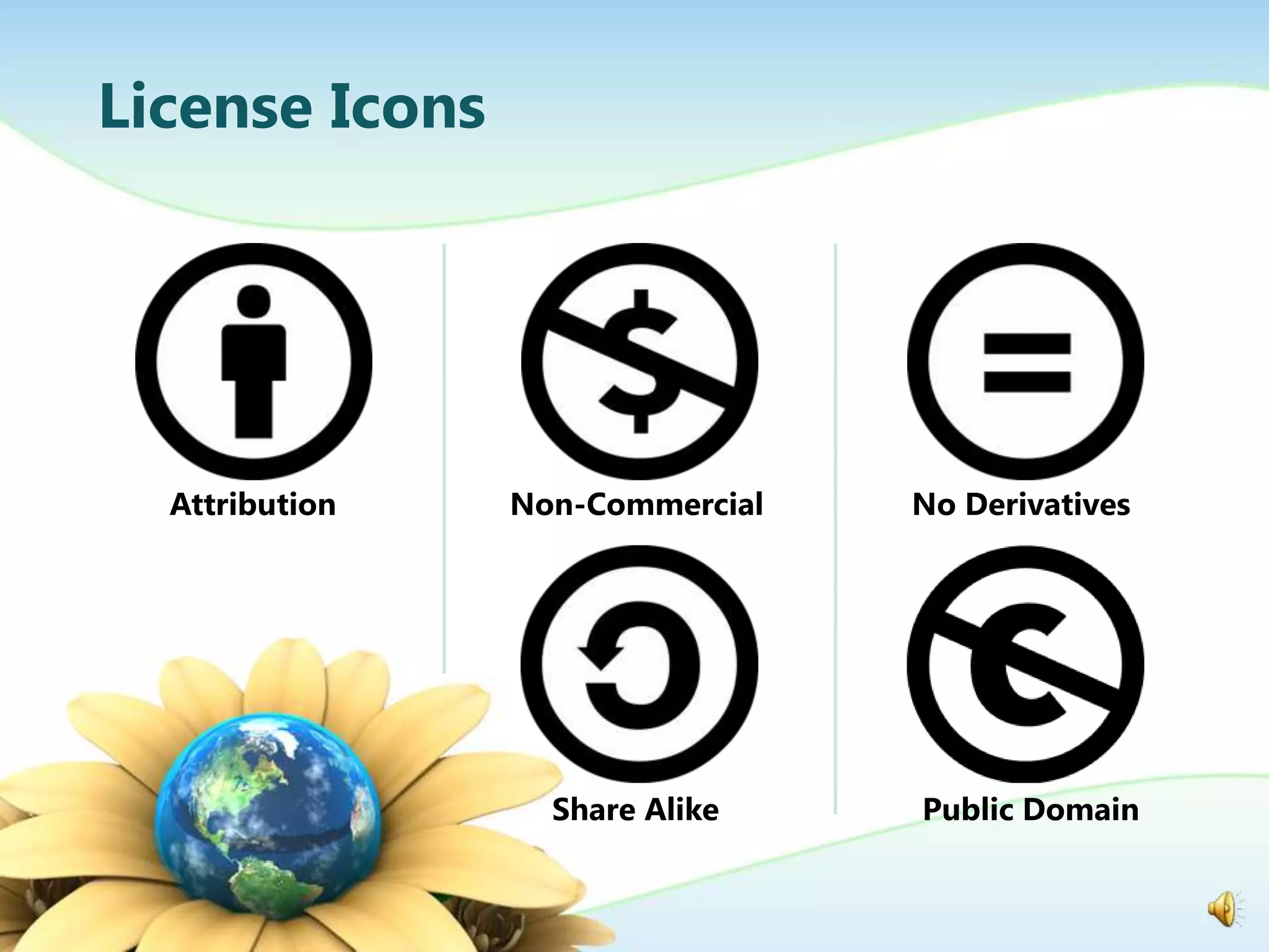 License Icons




  Attribution   Non-Commercial   No Derivatives




                  Share Alike    Public Domain
 
