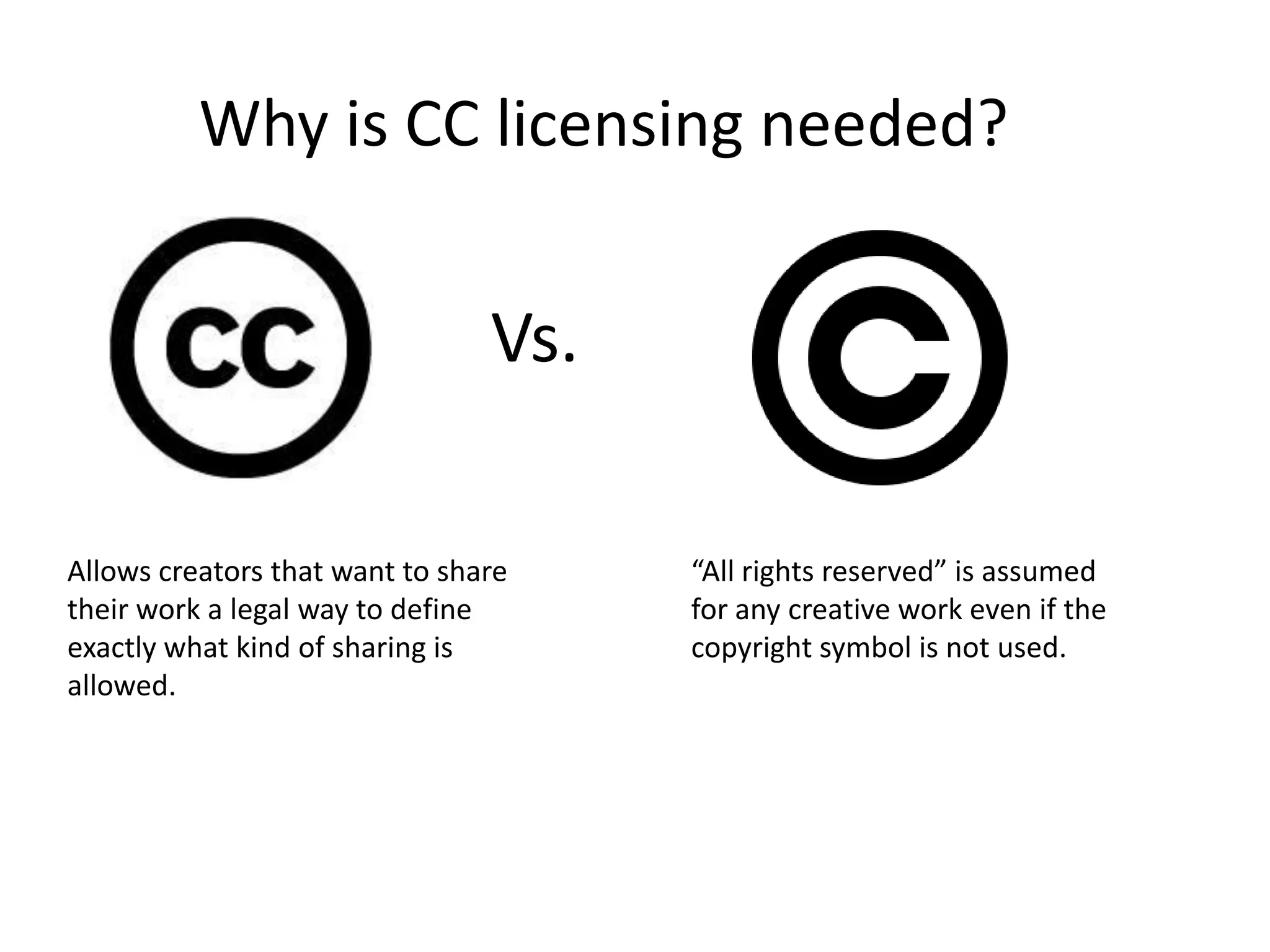 Why is CC licensing needed?
Vs.
“All rights reserved” is assumed
for any creative work even if the
copyright symbol is not used.
Allows creators that want to share
their work a legal way to define
exactly what kind of sharing is
allowed.
 
