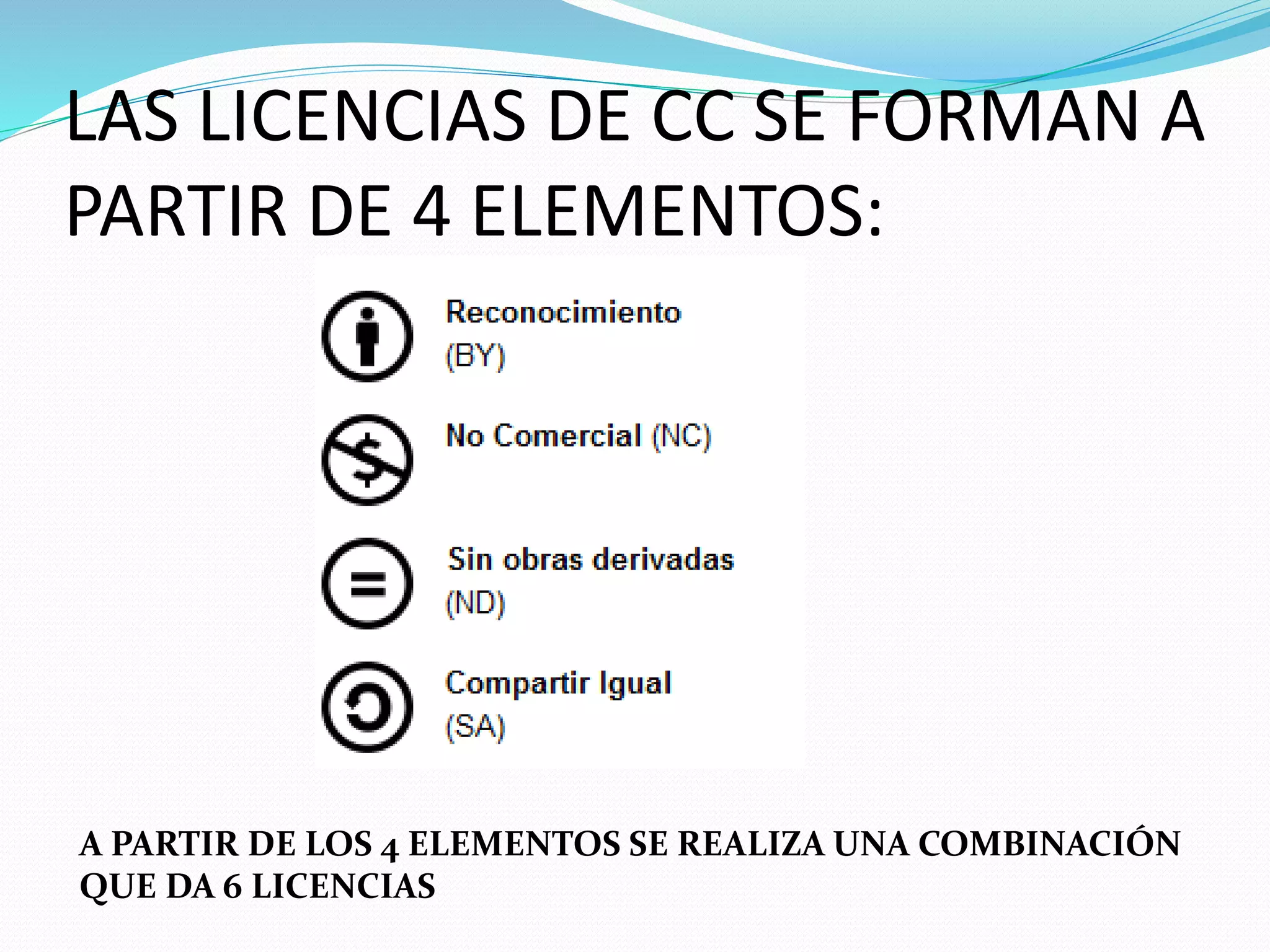 LAS LICENCIAS DE CC SE FORMAN A
PARTIR DE 4 ELEMENTOS:
A PARTIR DE LOS 4 ELEMENTOS SE REALIZA UNA COMBINACIÓN
QUE DA 6 LICENCIAS
 