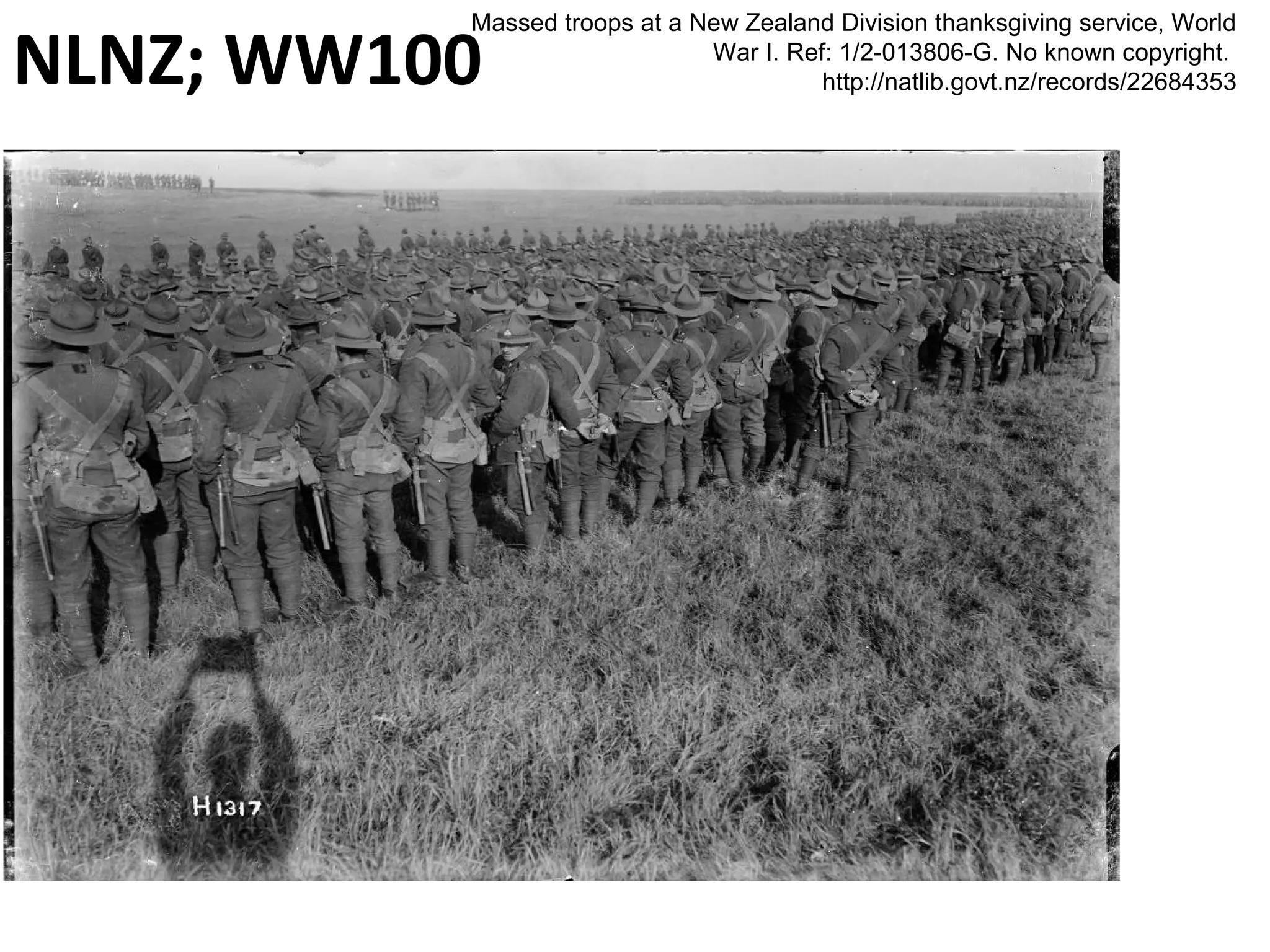 Massed troops at a New Zealand Division thanksgiving service, World
War I. Ref: 1/2-013806-G. No known copyright.
http://natlib.govt.nz/records/22684353NLNZ; WW100
 