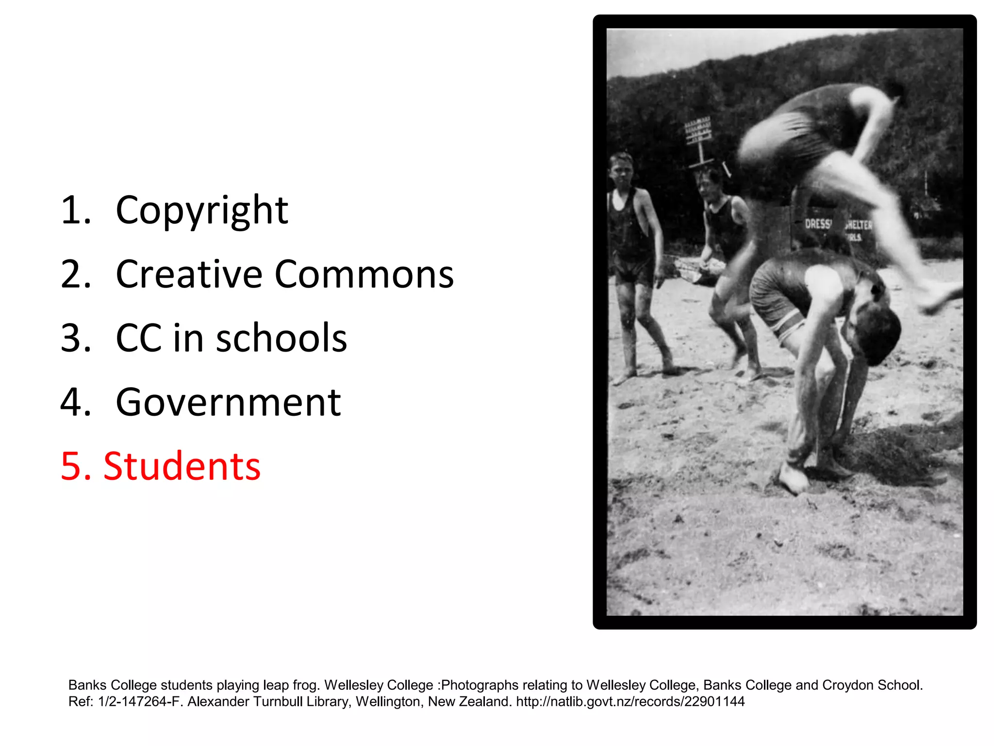 1. Copyright
2. Creative Commons
3. CC in schools
4. Government
5. Students
Banks College students playing leap frog. Wellesley College :Photographs relating to Wellesley College, Banks College and Croydon School.
Ref: 1/2-147264-F. Alexander Turnbull Library, Wellington, New Zealand. http://natlib.govt.nz/records/22901144
 