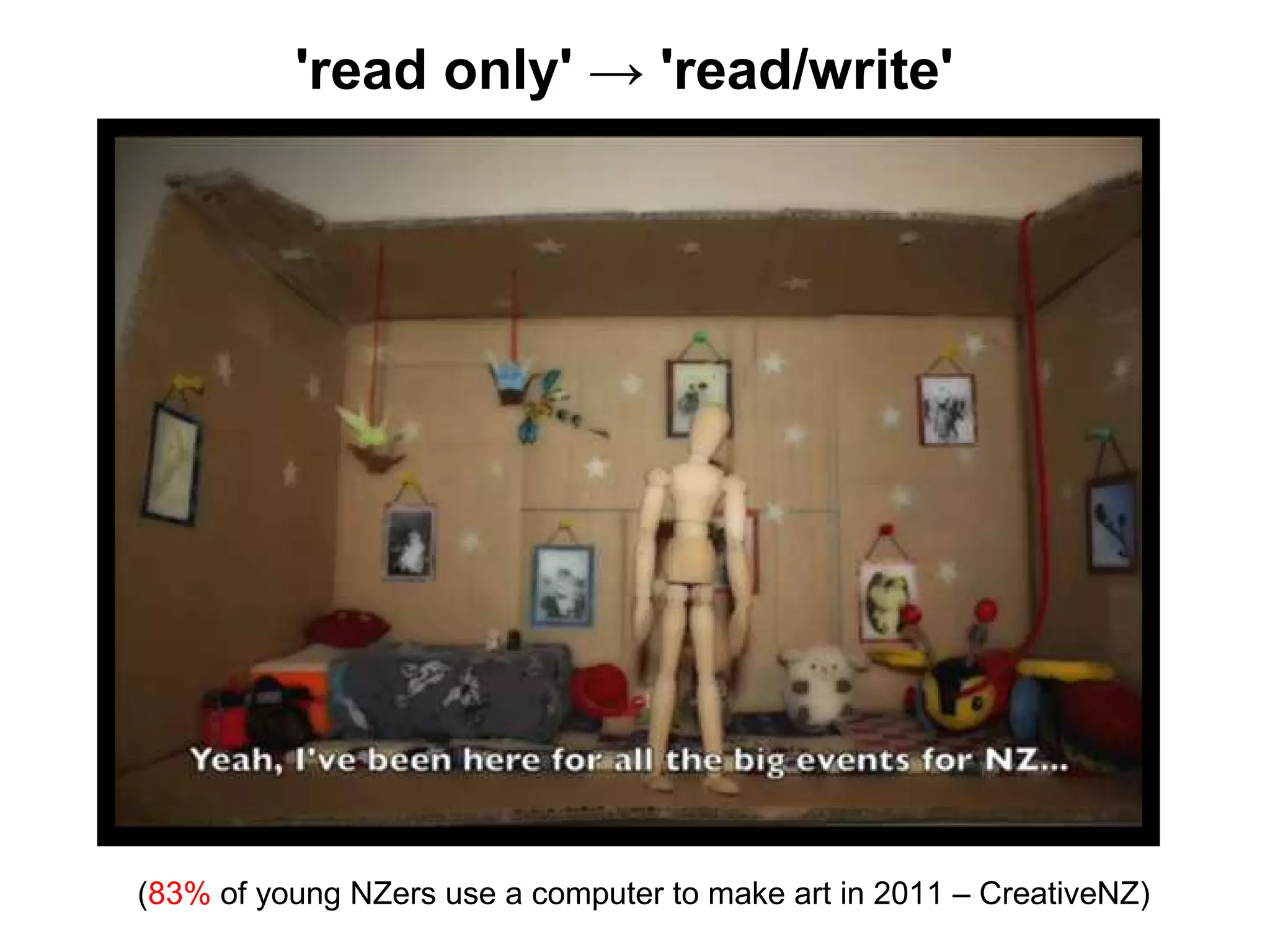 'read only' → 'read/write'
(83% of young NZers use a computer to make art in 2011 – CreativeNZ)
 