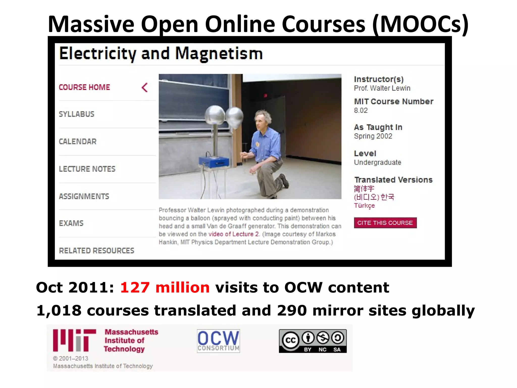 Massive Open Online Courses (MOOCs)
Oct 2011: 127 million visits to OCW content
1,018 courses translated and 290 mirror sites globally
 