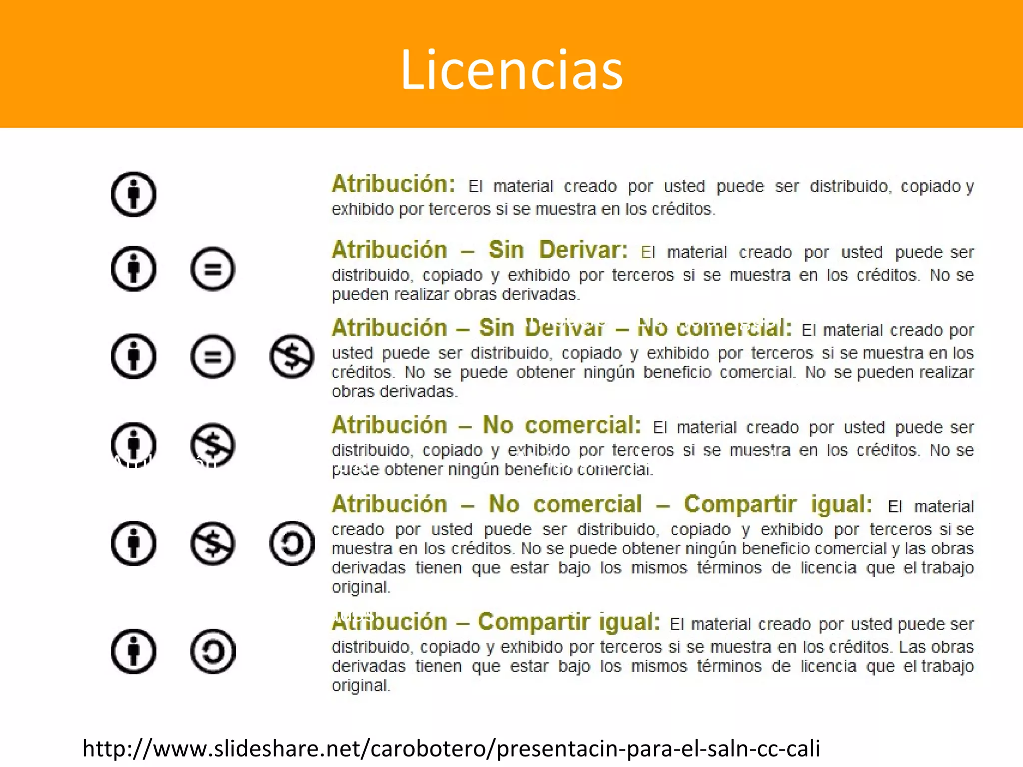 Tipos de Licencias Creative Commons
                                Licencias


     Atribución                            Atribución- Licenciar Igual




     Atribución -No Comercial              Atribución- No Comercial- Licenciar Igual




     Atribución –No Derivadas              Atribución- No Comercial – No Derivadas




   http://www.slideshare.net/carobotero/presentacin-para-el-saln-cc-cali
 