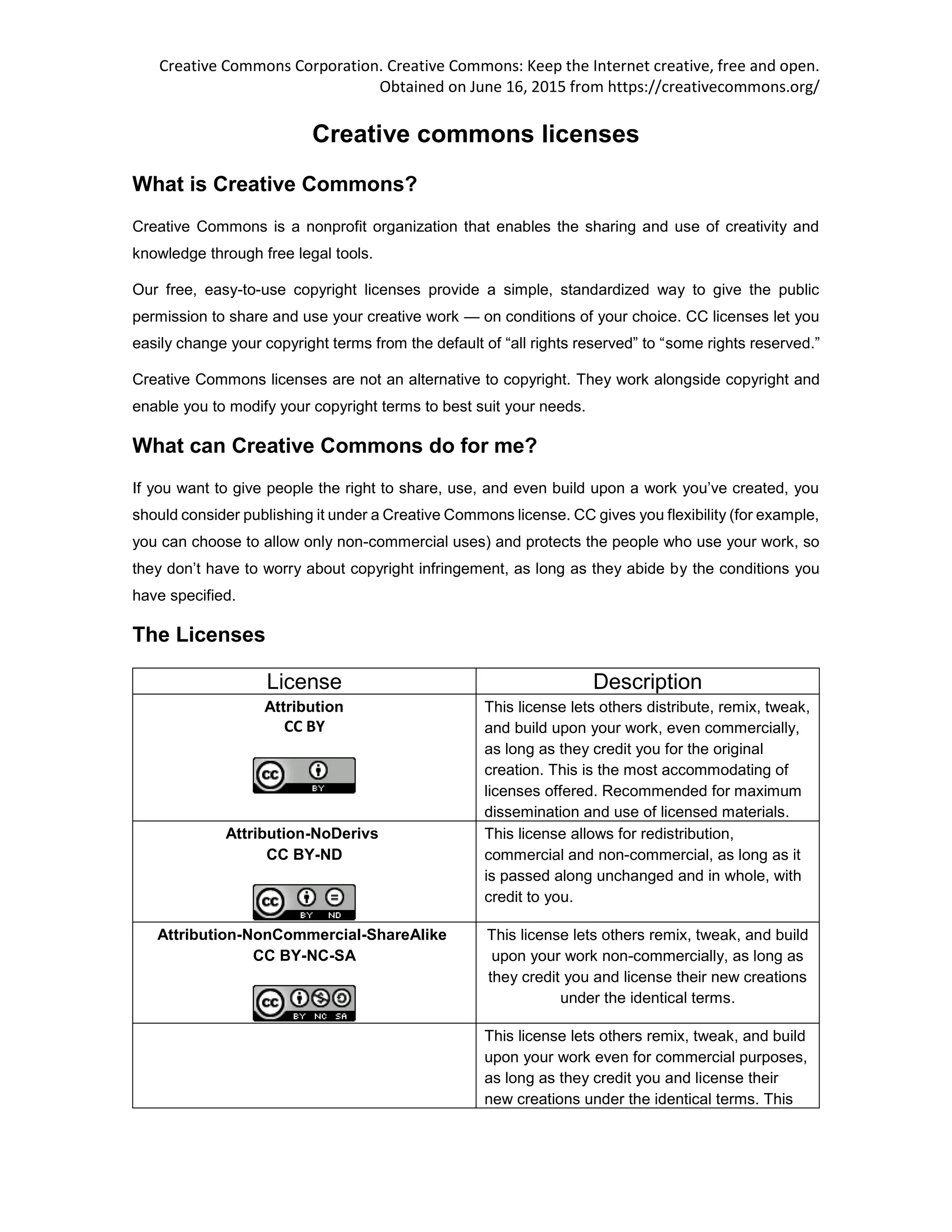 Creative Commons Corporation. Creative Commons: Keep the Internet creative, free and open.
Obtained on June 16, 2015 from https://creativecommons.org/
Creative commons licenses
What is Creative Commons?
Creative Commons is a nonprofit organization that enables the sharing and use of creativity and
knowledge through free legal tools.
Our free, easy-to-use copyright licenses provide a simple, standardized way to give the public
permission to share and use your creative work — on conditions of your choice. CC licenses let you
easily change your copyright terms from the default of “all rights reserved” to “some rights reserved.”
Creative Commons licenses are not an alternative to copyright. They work alongside copyright and
enable you to modify your copyright terms to best suit your needs.
What can Creative Commons do for me?
If you want to give people the right to share, use, and even build upon a work you’ve created, you
should consider publishing it under a Creative Commons license. CC gives you flexibility (for example,
you can choose to allow only non-commercial uses) and protects the people who use your work, so
they don’t have to worry about copyright infringement, as long as they abide by the conditions you
have specified.
The Licenses
License Description
Attribution
CC BY
This license lets others distribute, remix, tweak,
and build upon your work, even commercially,
as long as they credit you for the original
creation. This is the most accommodating of
licenses offered. Recommended for maximum
dissemination and use of licensed materials.
Attribution-NoDerivs
CC BY-ND
This license allows for redistribution,
commercial and non-commercial, as long as it
is passed along unchanged and in whole, with
credit to you.
Attribution-NonCommercial-ShareAlike
CC BY-NC-SA
This license lets others remix, tweak, and build
upon your work non-commercially, as long as
they credit you and license their new creations
under the identical terms.
This license lets others remix, tweak, and build
upon your work even for commercial purposes,
as long as they credit you and license their
new creations under the identical terms. This
 