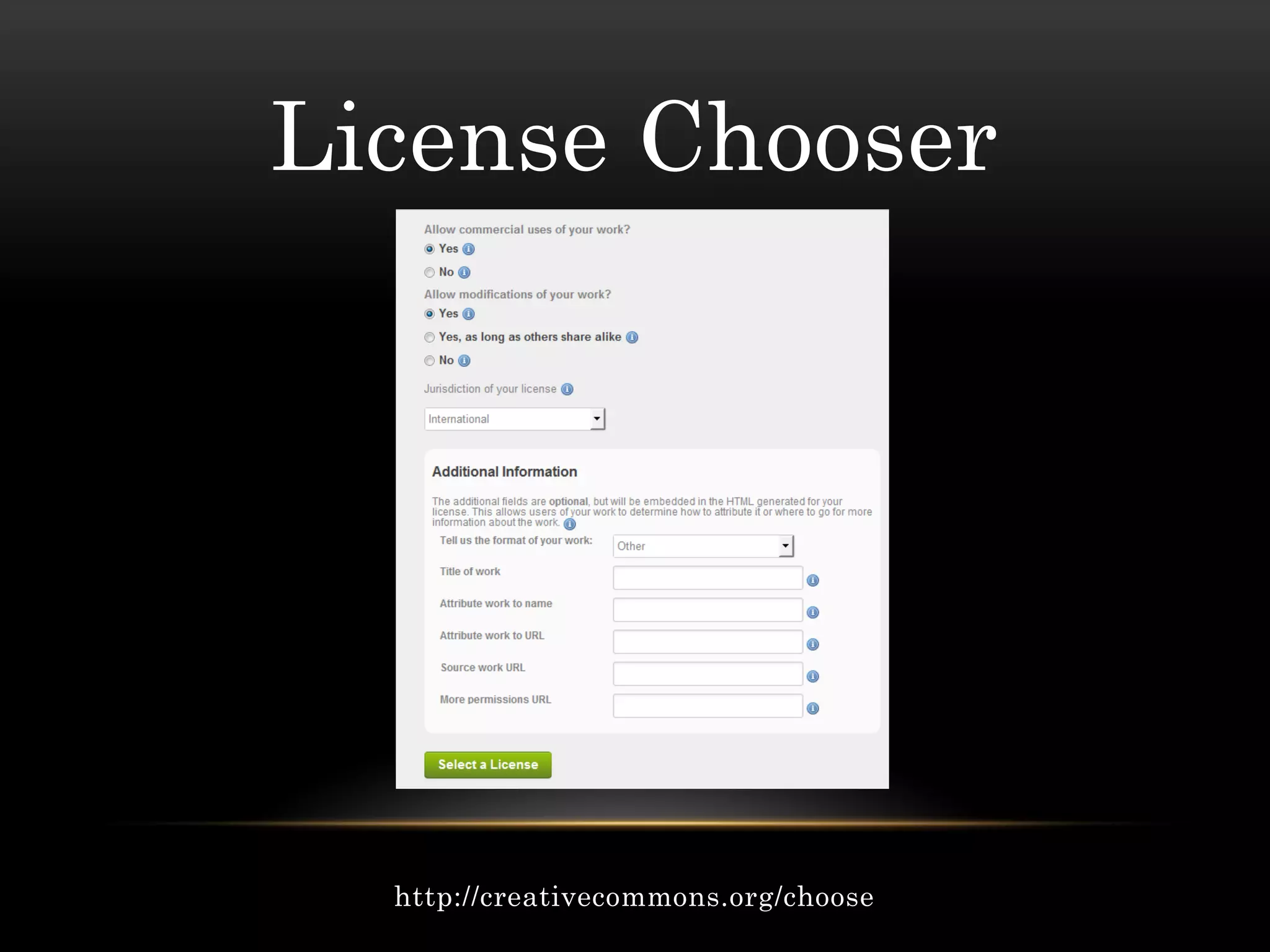 License Chooser




  http://creativecommons.org/choose
 