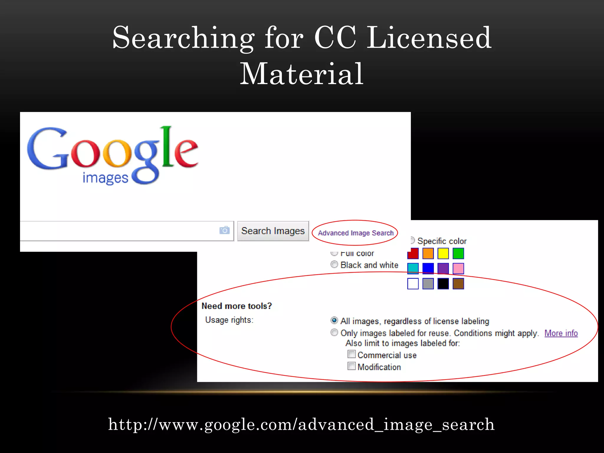 Searching for CC Licensed
        Material




http://www.google.com/advanced_image_search
 
