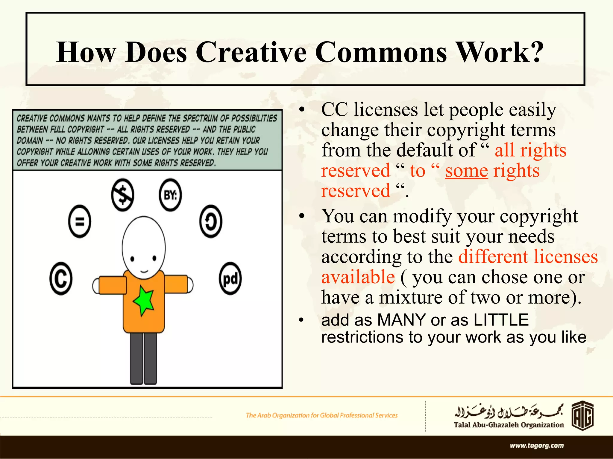 How Does Creative Commons Work?   CC licenses let people easily change their copyright terms from the default of “  all rights reserved  “  to “  some  rights reserved  “. You can modify your copyright terms to best suit your needs according to the  different licenses available  ( you can chose one or have a mixture of two or more).  add as MANY or as LITTLE restrictions to your work as you like 