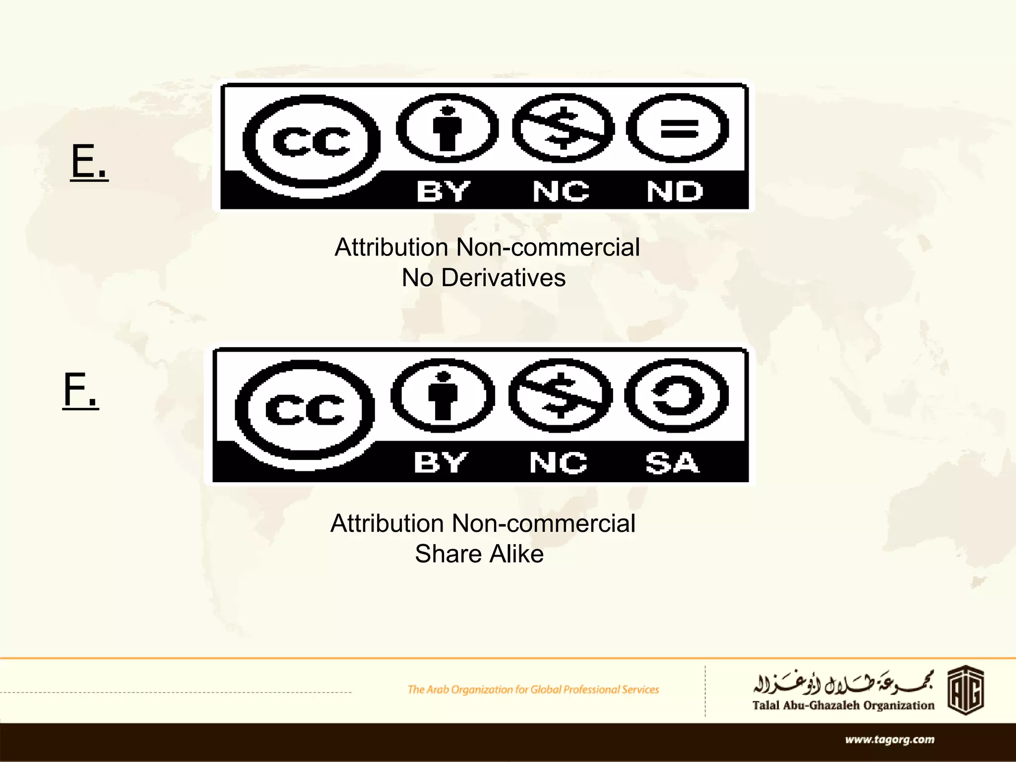 E.   F.   Attribution Non-commercial  Share Alike Attribution Non-commercial  No Derivatives 