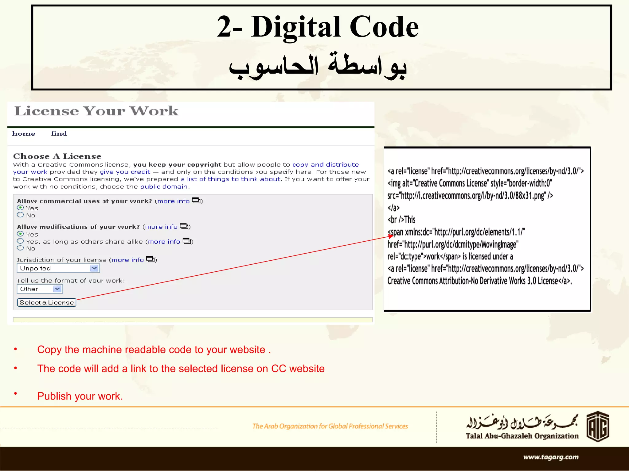 2- Digital Code  بواسطة الحاسوب   Copy the machine readable code to your website . The code will add a link to the selected license on CC website  Publish your work.   