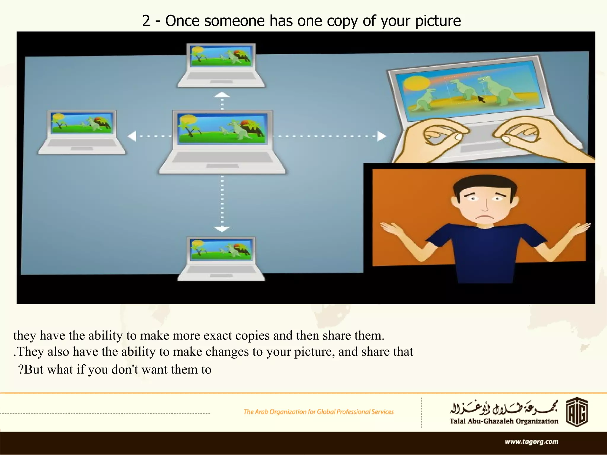 they have the ability to make more exact copies and then share them.  They also have the ability to make changes to your picture, and share that. But what if you don't want them to?   2 - Once someone has one copy of your picture 