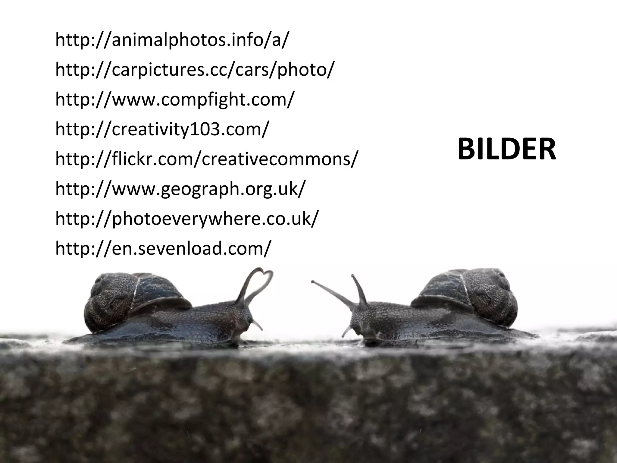 http://animalphotos.info/a/
http://carpictures.cc/cars/photo/
http://www.compfight.com/
http://creativity103.com/
http://flickr.com/creativecommons/   BILDER
http://www.geograph.org.uk/
http://photoeverywhere.co.uk/
http://en.sevenload.com/
 