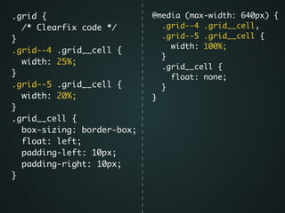 .grid {	
/* Clearfix code */	
}	
.grid--4 .grid__cell {	
width: 25%;	
}	
.grid--5 .grid__cell {	
width: 20%;	
}	
.grid__cell {	
box-sizing: border-box;	
float: left;	
padding-left: 10px; 	
padding-right: 10px; 	
}	
@media (max-width: 640px) {	
.grid--4 .grid__cell,	
.grid--5 .grid__cell {	
width: 100%;	
}	
.grid__cell {	
float: none;	
}	
}
 