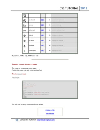 CSS TUTORIAL 2012


                              not-allowed           TEST           6+   cursor:not-allowed



                              no-drop               TEST           6+   cursor:no-drop



                              vertical-text         TEST           6+   cursor:vertical-text



                              all-scroll            TEST           6+   cursor:all-scroll



                              col-resize            TEST           6+   cursor:col-resize



                              row-resize            TEST           6+   cursor:row-resize



                              cursor:url(uri)       TEST           6+   cursor:url(uri)




4P:problems, 4M:Mac only, 4W:Windows only




ADDING A CUSTOMIZED CURSOR
The syntax for a customized cursor is this:
(Position the mouse over each link to see the effect)

Selector {cursor:value}
For example:

                   <html>
                   <head>
                   <style type="text/css">
                   .xlink {cursor:crosshair}
                   .hlink{cursor:help}
                   </style>
                   </head>

                   <body>
                   <b>
                   <a href="mypage.htm" class="xlink">CROSS LINK</a>
                   <br>
                   <a href="mypage.htm" class="hlink">HELP LINK</a>
                   </b>
                   </body>
                   </html>




The links from the above example would look like this:

                                                             CROSS LINK

                                                             HELP LINK



      32       Contact the Author At: informtods@gmail.com
 