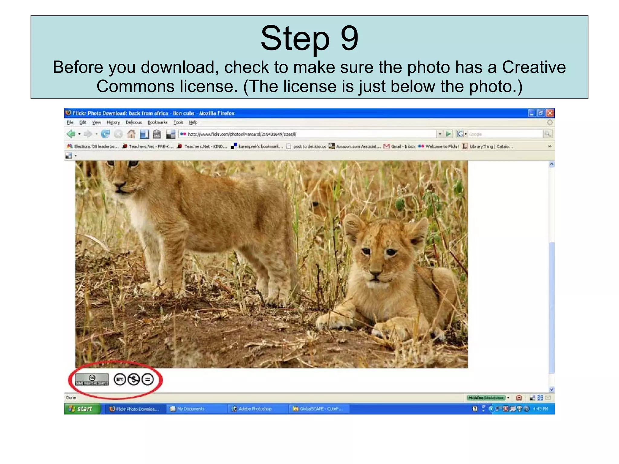 Step 9 Before you download, check to make sure the photo has a Creative Commons license. (The license is just below the photo.) 