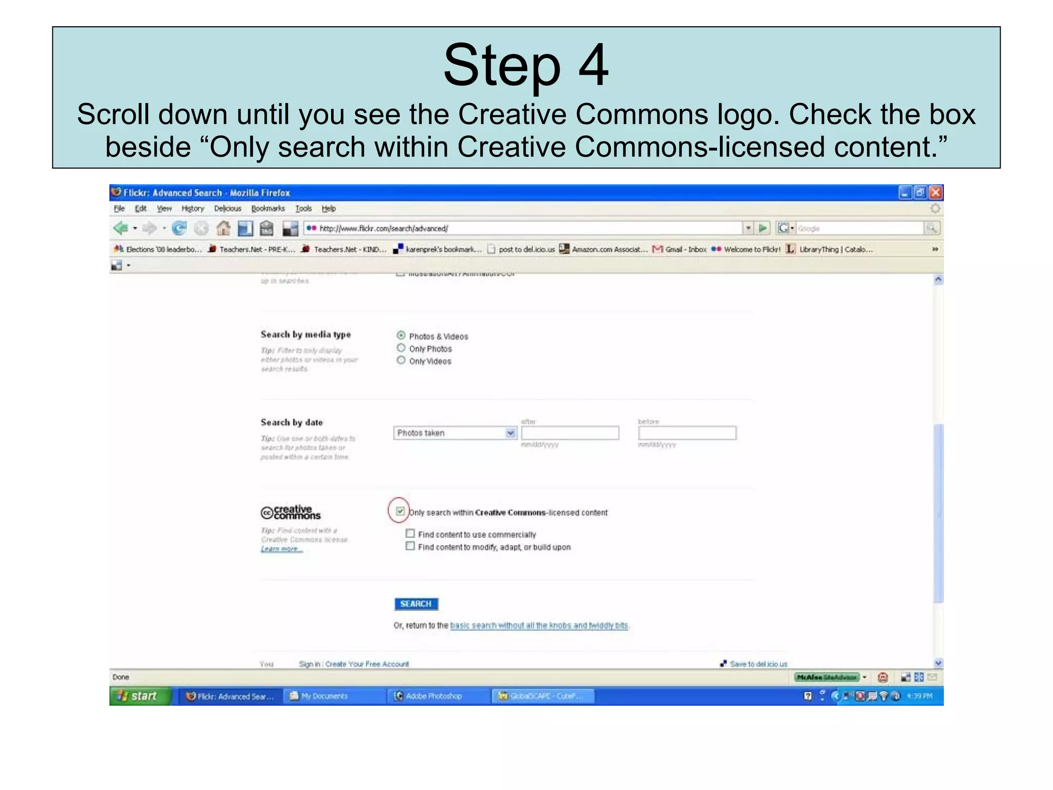 Step 4 Scroll down until you see the Creative Commons logo. Check the box beside “Only search within Creative Commons-licensed content.” 