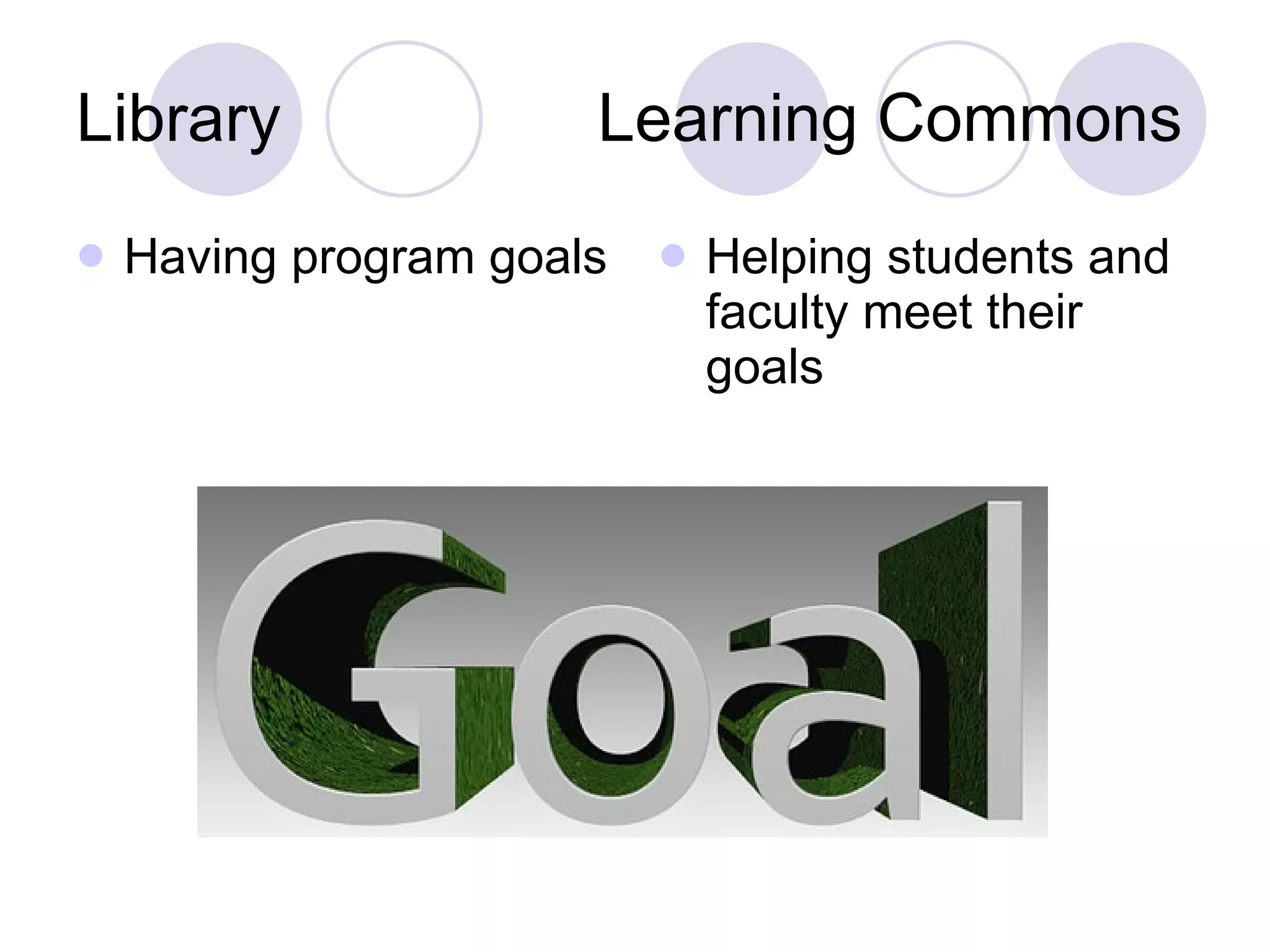 Library  Learning Commons Having program goals Helping students and faculty meet their goals 
