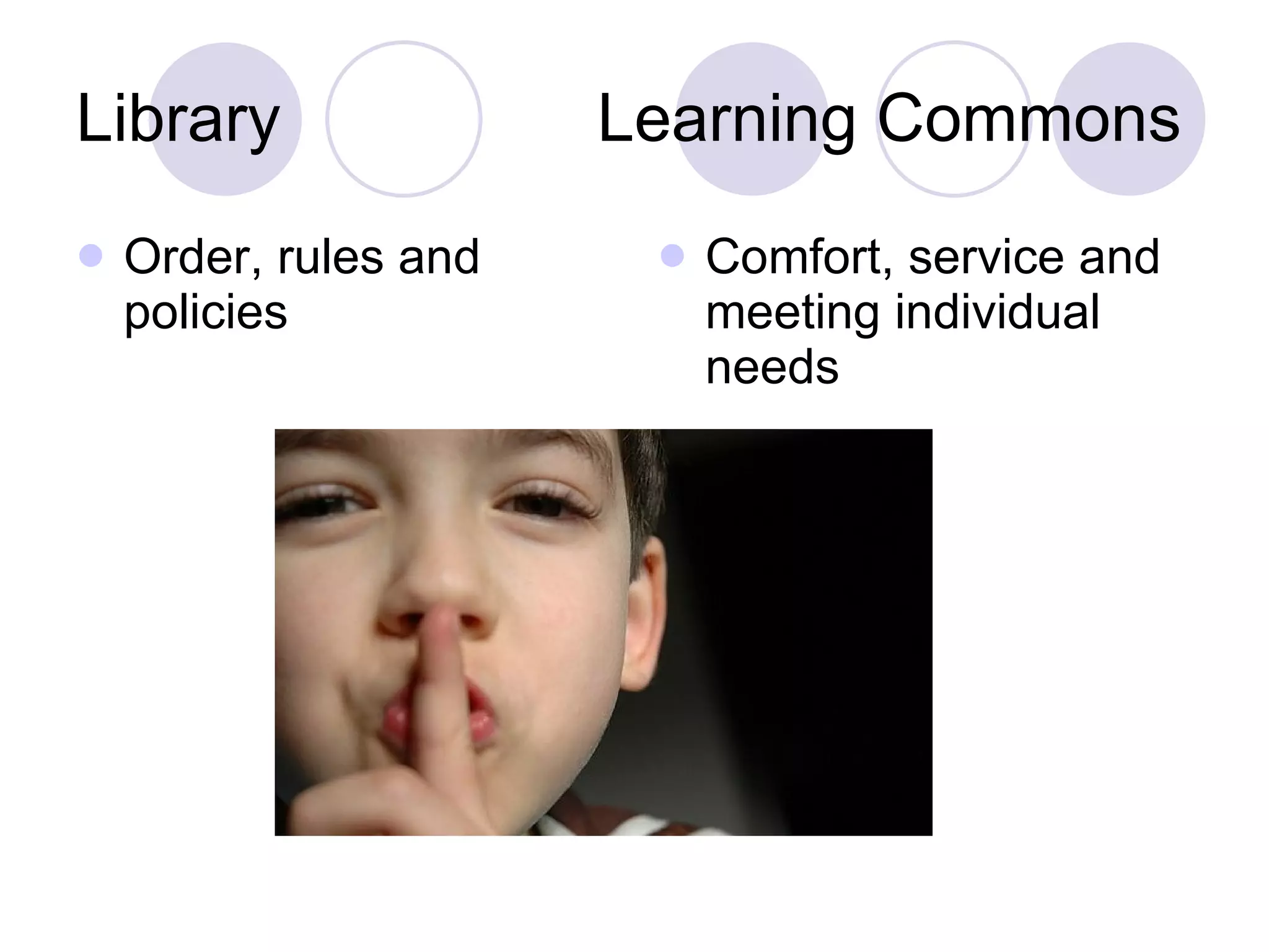 Library  Learning Commons Order, rules and policies Comfort, service and meeting individual needs 