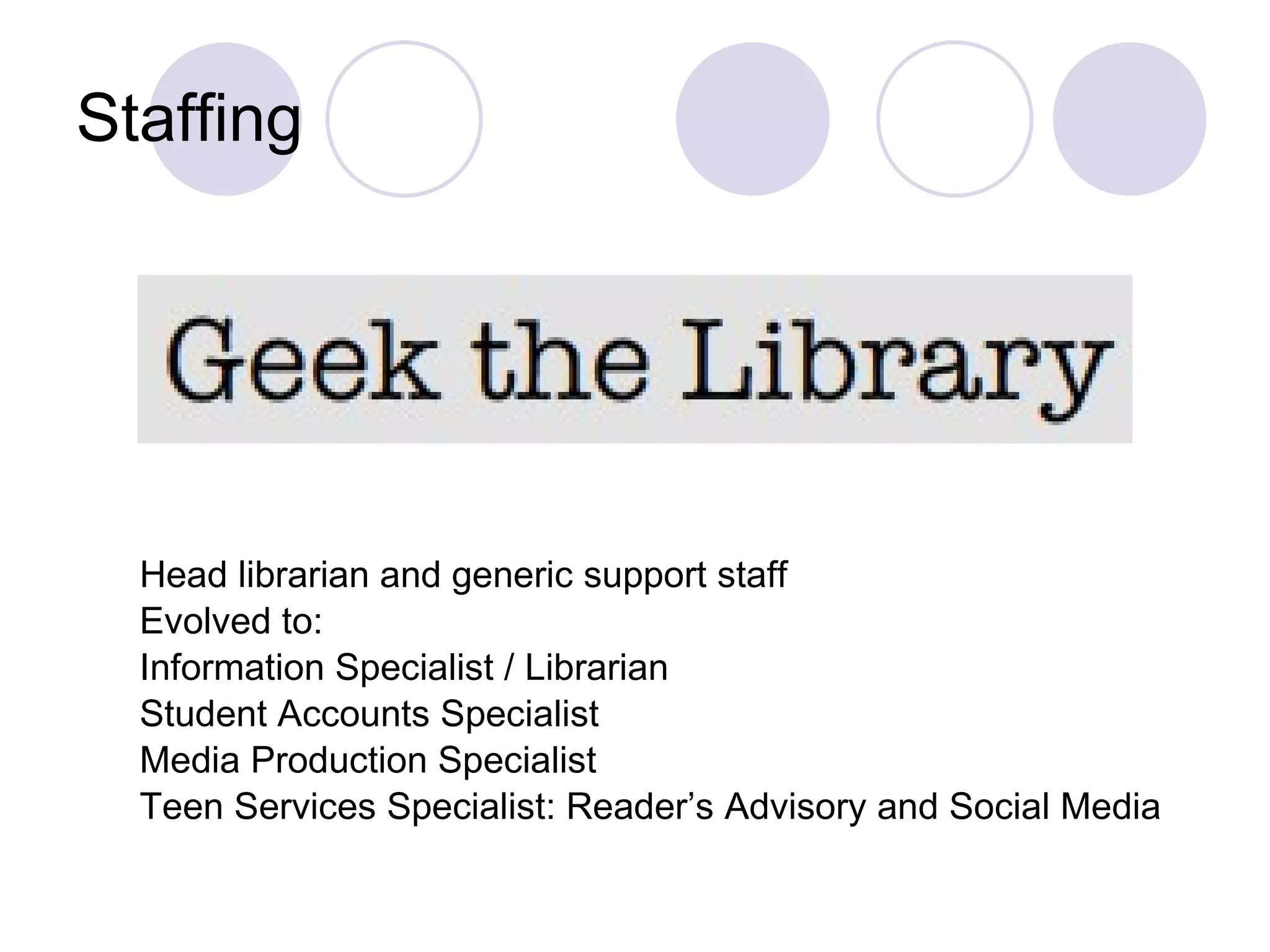 Staffing  Head librarian and generic support staff Evolved to: Information Specialist / Librarian Student Accounts Specialist Media Production Specialist Teen Services Specialist: Reader’s Advisory and Social Media 