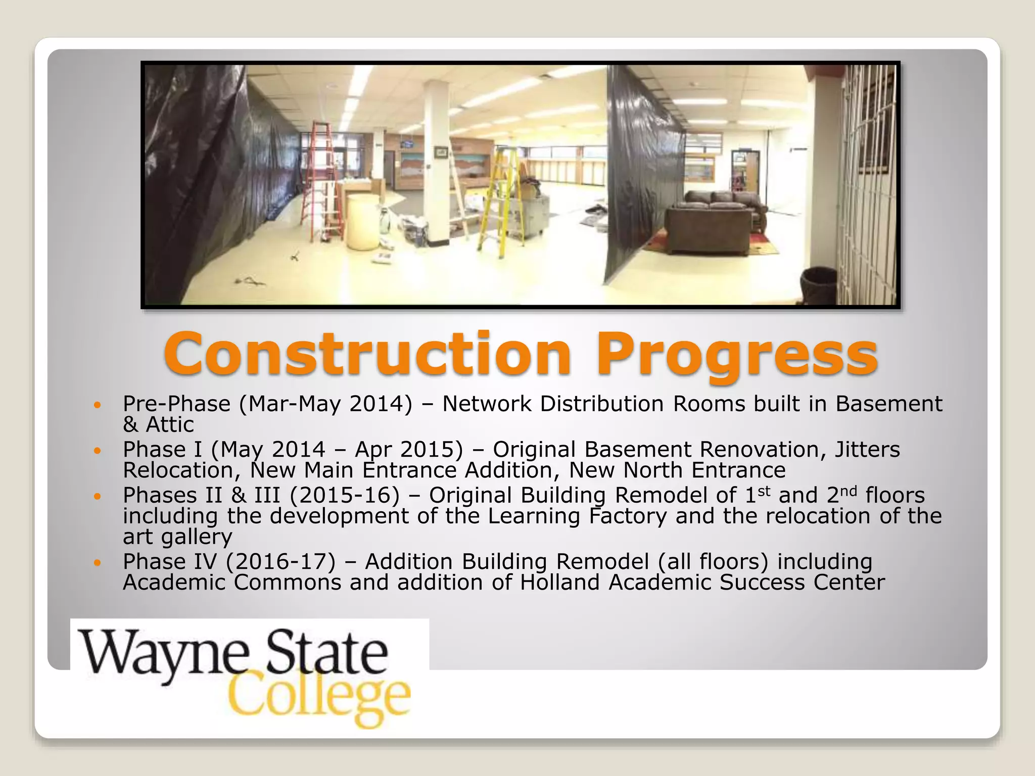Construction Progress
 Pre-Phase (Mar-May 2014) – Network Distribution Rooms built in Basement
& Attic
 Phase I (May 2014 – Apr 2015) – Original Basement Renovation, Jitters
Relocation, New Main Entrance Addition, New North Entrance
 Phases II & III (2015-16) – Original Building Remodel of 1st and 2nd floors
including the development of the Learning Factory and the relocation of the
art gallery
 Phase IV (2016-17) – Addition Building Remodel (all floors) including
Academic Commons and addition of Holland Academic Success Center
 