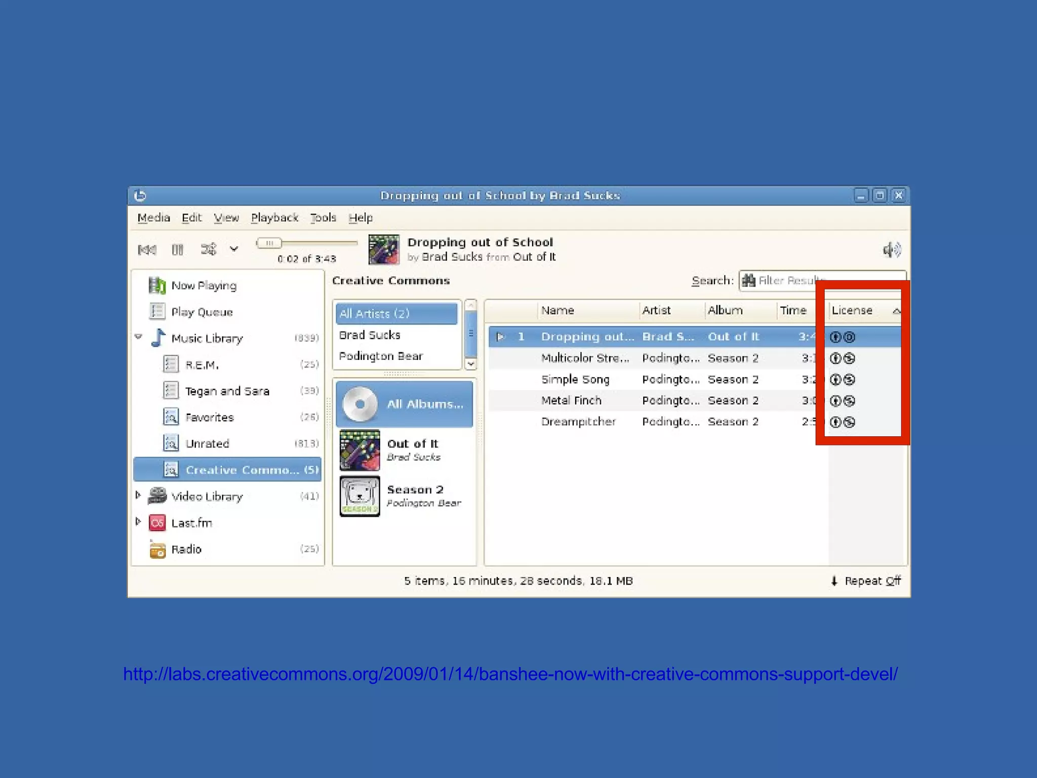 http://labs.creativecommons.org/2009/01/14/banshee-now-with-creative-commons-support-devel/ 