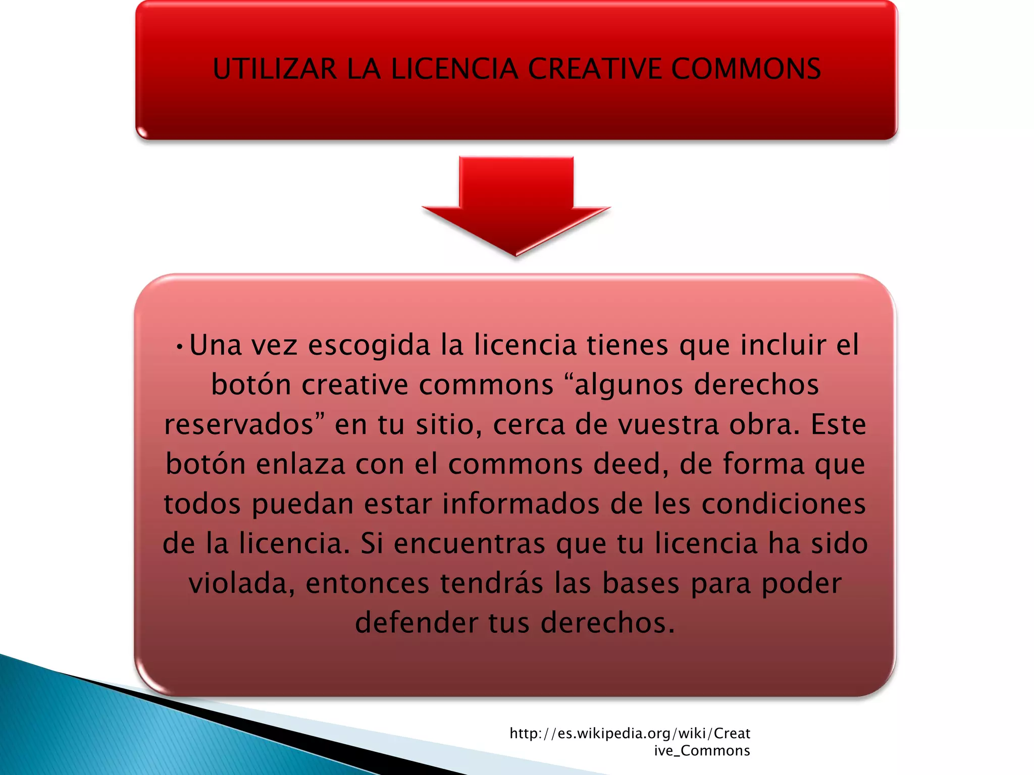 UTILIZAR LA LICENCIA CREATIVE COMMONS

•Una vez escogida la licencia tienes que incluir el
botón creative commons “algunos derechos
reservados” en tu sitio, cerca de vuestra obra. Este
botón enlaza con el commons deed, de forma que
todos puedan estar informados de les condiciones
de la licencia. Si encuentras que tu licencia ha sido
violada, entonces tendrás las bases para poder
defender tus derechos.

http://es.wikipedia.org/wiki/Creat
ive_Commons

 