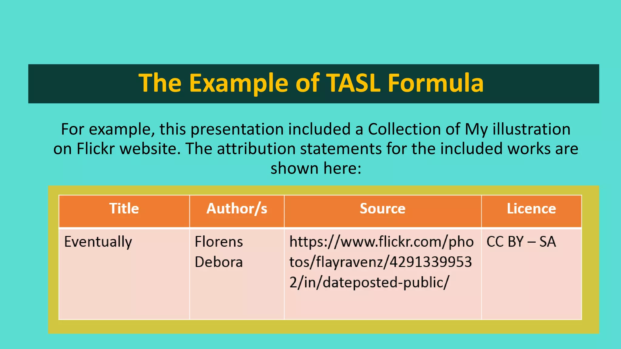 For example, this presentation included a Collection of My illustration
on Flickr website. The attribution statements for the included works are
shown here:
The Example of TASL Formula
 