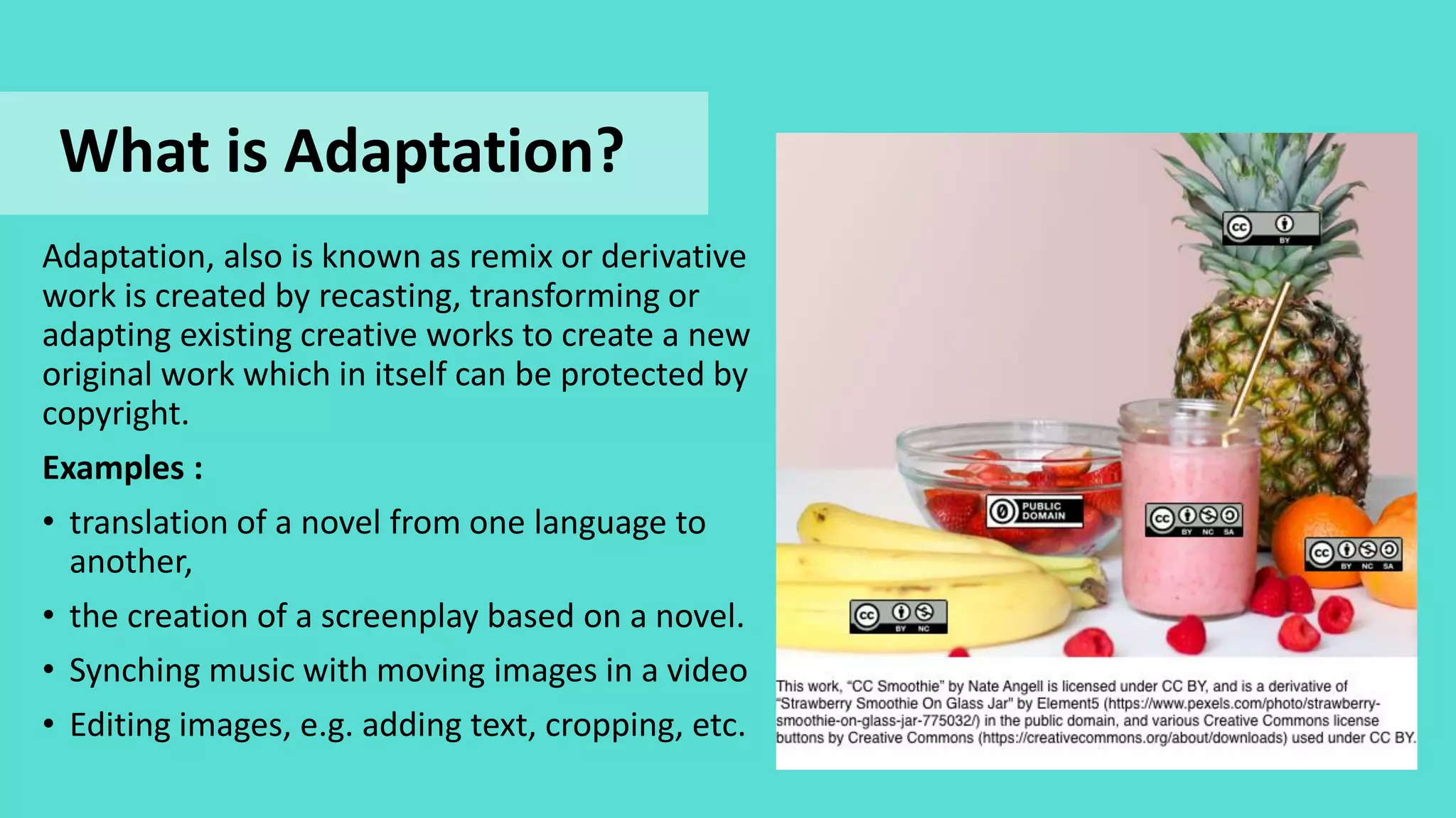 Adaptation, also is known as remix or derivative
work is created by recasting, transforming or
adapting existing creative works to create a new
original work which in itself can be protected by
copyright.
Examples :
• translation of a novel from one language to
another,
• the creation of a screenplay based on a novel.
• Synching music with moving images in a video
• Editing images, e.g. adding text, cropping, etc.
What is Adaptation?
 