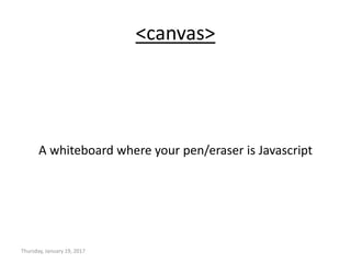 <canvas>
A whiteboard where your pen/eraser is Javascript
Thursday, January 19, 2017
 