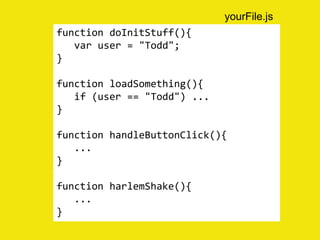 function doInitStuff(){
var user = "Todd";
}
function loadSomething(){
if (user == "Todd") ...
}
function handleButtonClick(){
...
}
function harlemShake(){
...
}
yourFile.js
 