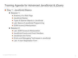 Training Agenda for Advanced JavaScript & jQuery
        Day 1 : JavaScript Basics
                 Session 1:
                        Anatomy of a Web Page
                        JavaScript Basics
                        Types & Special Objects in JavaScript
                        Lab: Basics of JavaScript Programming
                        DOM Access & Manipulation
                 Session 2:
                        Lab: DOM Access & Manipulation
                        JavaScript Events and Event Handlers
                        JavaScript and Forms
                        Errors and Debugging Techniques in JavaScript
                        Lab: A User Registration Form




© Copyright SREENATH H B, 2011
                                                                        6
 