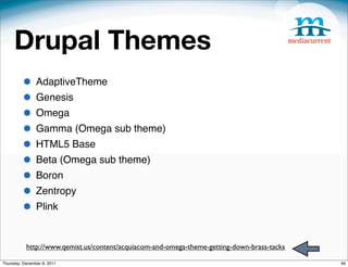 Drupal Themes
         • AdaptiveTheme
         • Genesis
         • Omega
         • Gamma (Omega sub theme)
         • HTML5 Base
         • Beta (Omega sub theme)
         • Boron
         • Zentropy
         • Plink

           http://www.qemist.us/content/acquiacom-and-omega-theme-getting-down-brass-tacks

Thursday, December 8, 2011                                                                   46
 