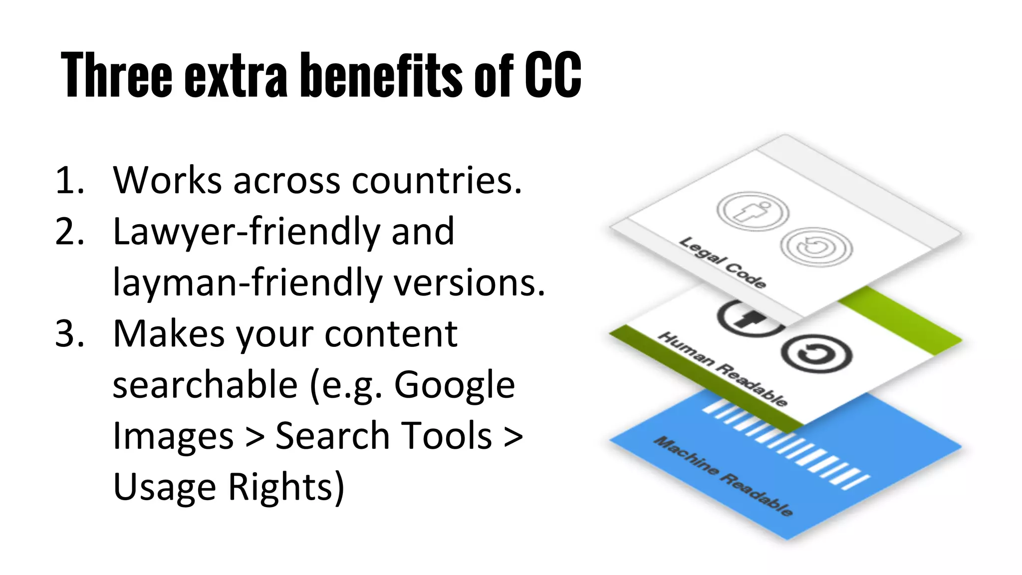 Three extra benefits of CC
1. Works across countries.
2. Lawyer-friendly and
layman-friendly versions.
3. Makes your content
searchable (e.g. Google
Images > Search Tools >
Usage Rights)
 