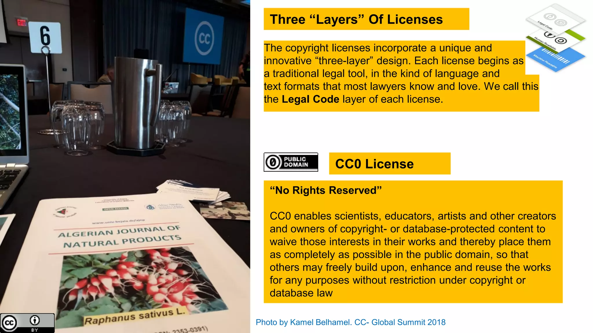 Photo by Kamel Belhamel. CC- Global Summit 2018
CC0 License
“No Rights Reserved”
CC0 enables scientists, educators, artists and other creators
and owners of copyright- or database-protected content to
waive those interests in their works and thereby place them
as completely as possible in the public domain, so that
others may freely build upon, enhance and reuse the works
for any purposes without restriction under copyright or
database law
The copyright licenses incorporate a unique and
innovative “three-layer” design. Each license begins as
a traditional legal tool, in the kind of language and
text formats that most lawyers know and love. We call this
the Legal Code layer of each license.
Three “Layers” Of Licenses
 